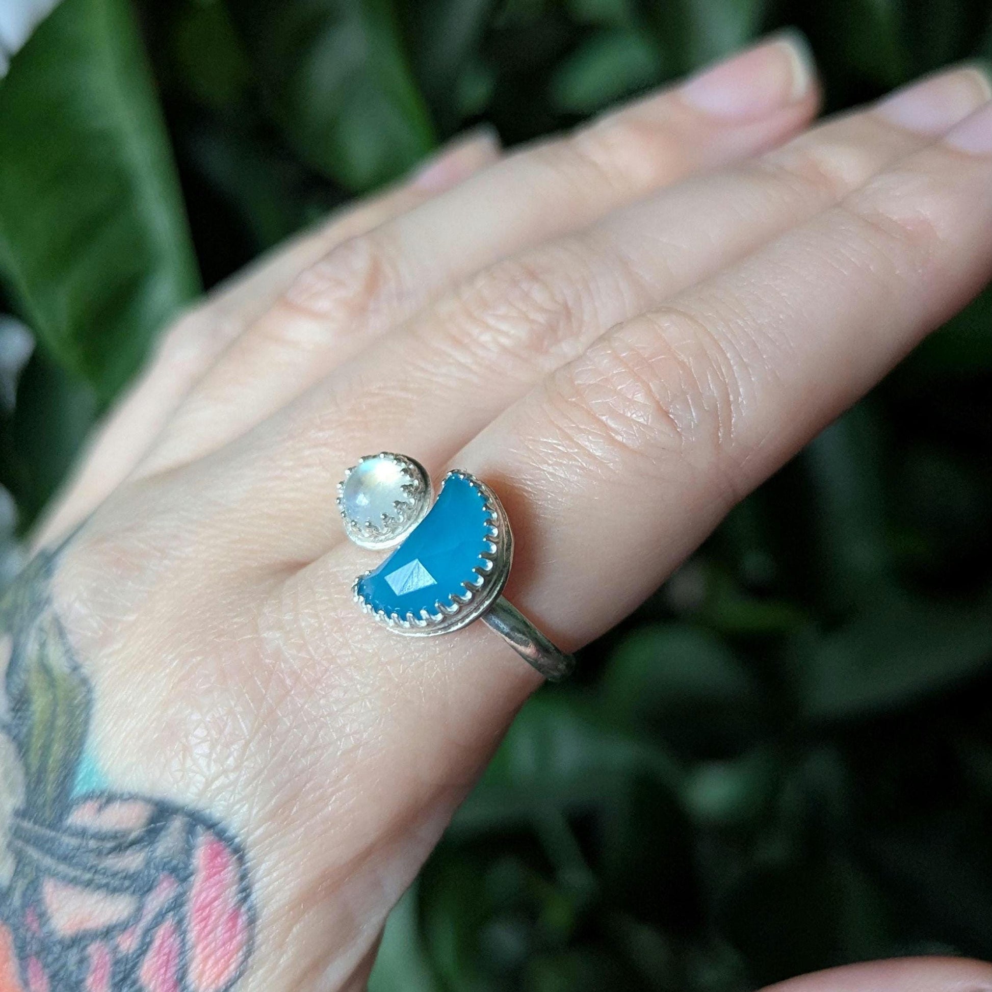 925 Sterling Silver Rainbow Moonstone Blue Chalcedony Crescent Moon Open Adjustable Ring | Size 7 1/2 - 8 | Light Celestial Collection