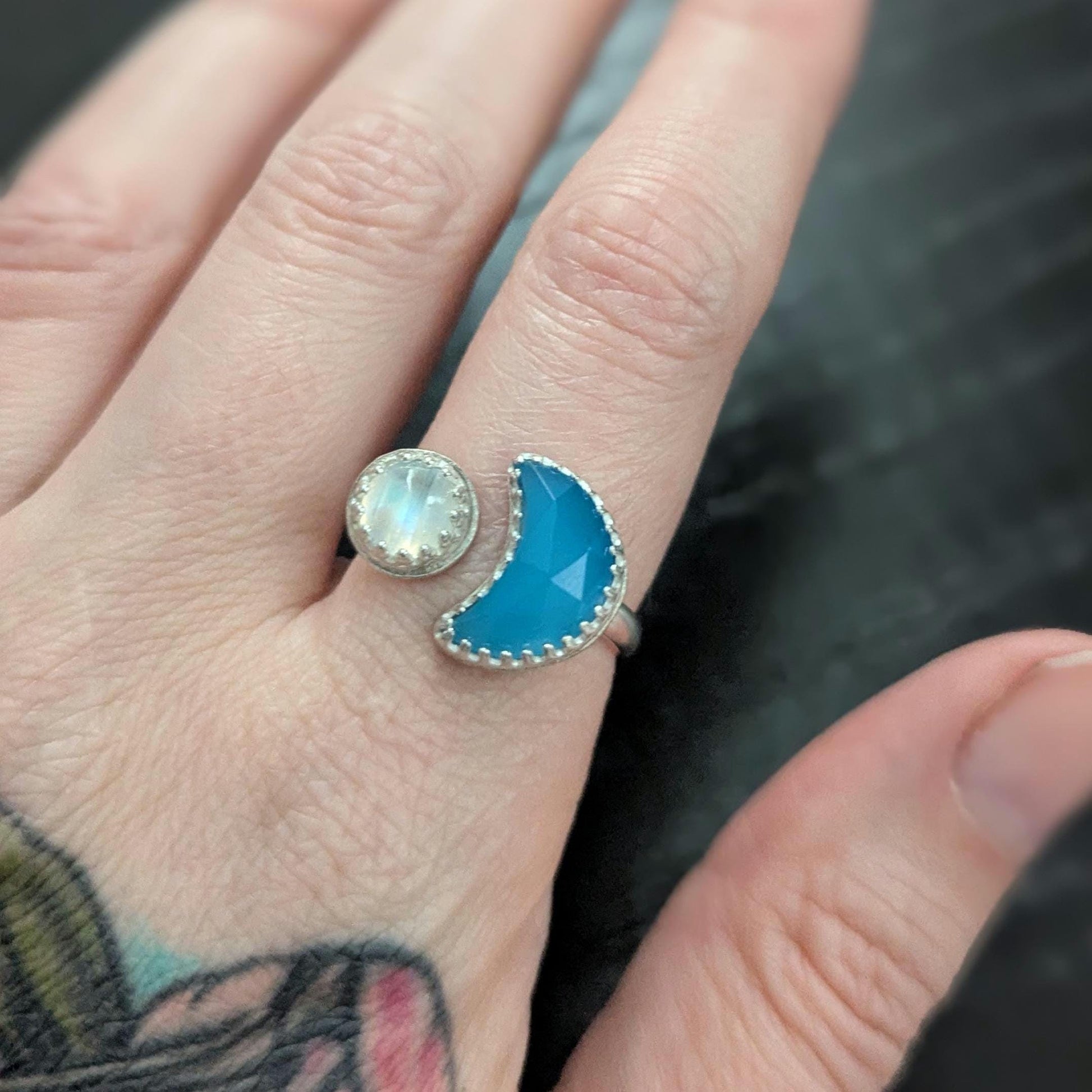 925 Sterling Silver Rainbow Moonstone Blue Chalcedony Crescent Moon Open Adjustable Ring | Size 7 1/2 - 8 | Light Celestial Collection