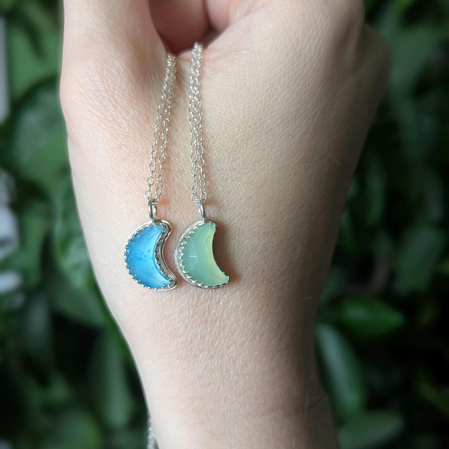 925 Sterling Silver Green Chalcedony Crescent Moon Pendant Necklace | Light Celestial Collection