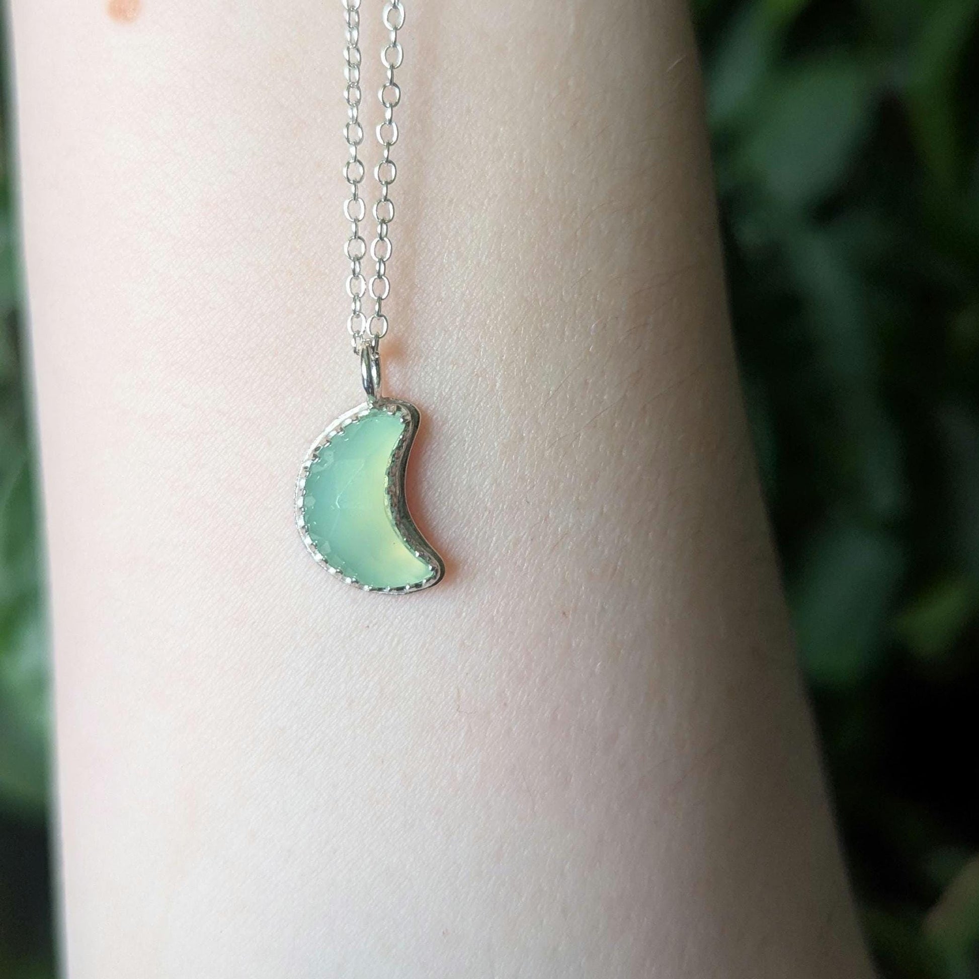 925 Sterling Silver Green Chalcedony Crescent Moon Pendant Necklace | Light Celestial Collection
