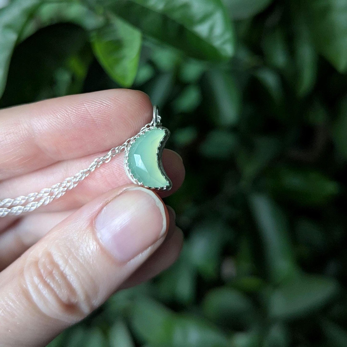 925 Sterling Silver Green Chalcedony Crescent Moon Pendant Necklace | Light Celestial Collection