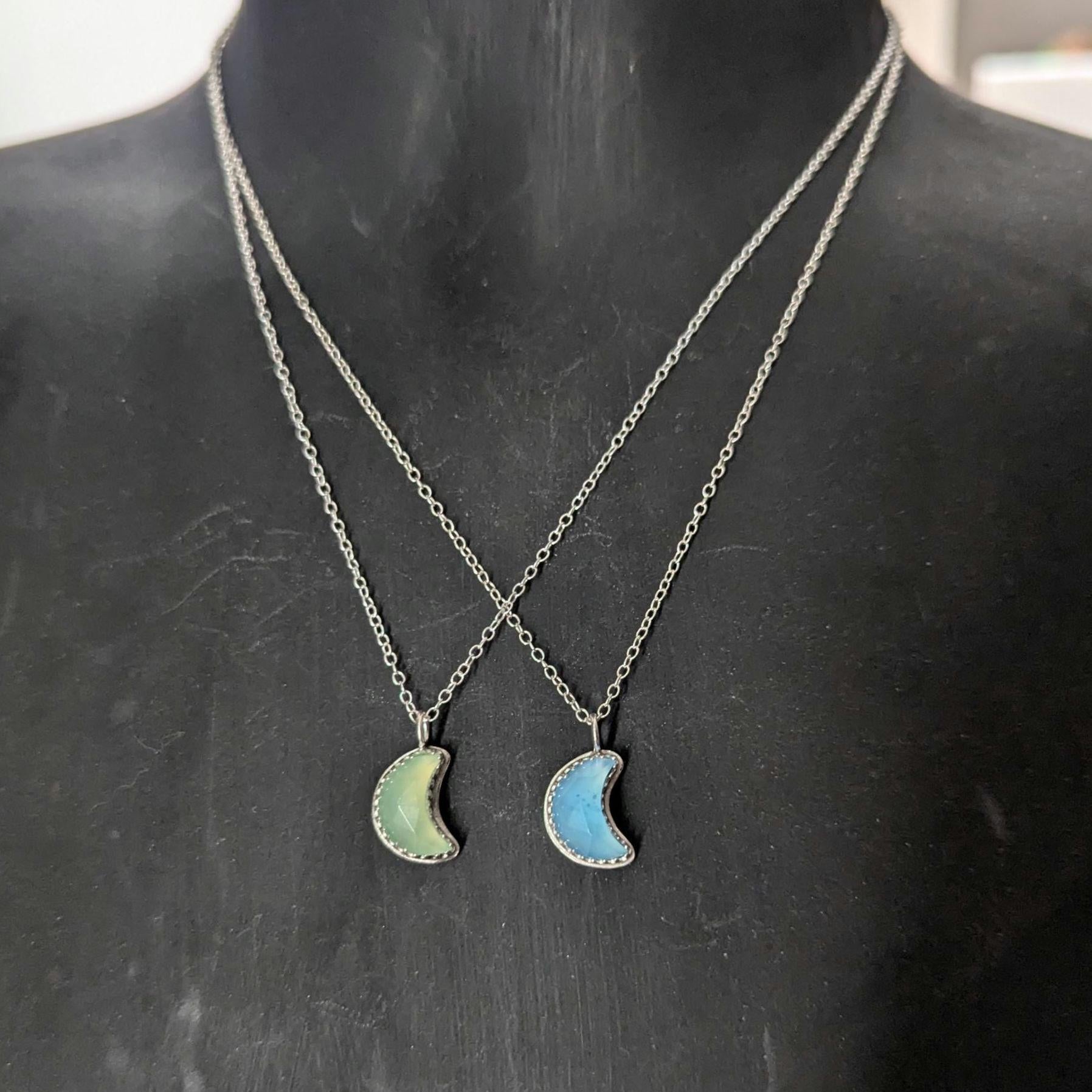 925 Sterling Silver Green Chalcedony Crescent Moon Pendant Necklace | Light Celestial Collection