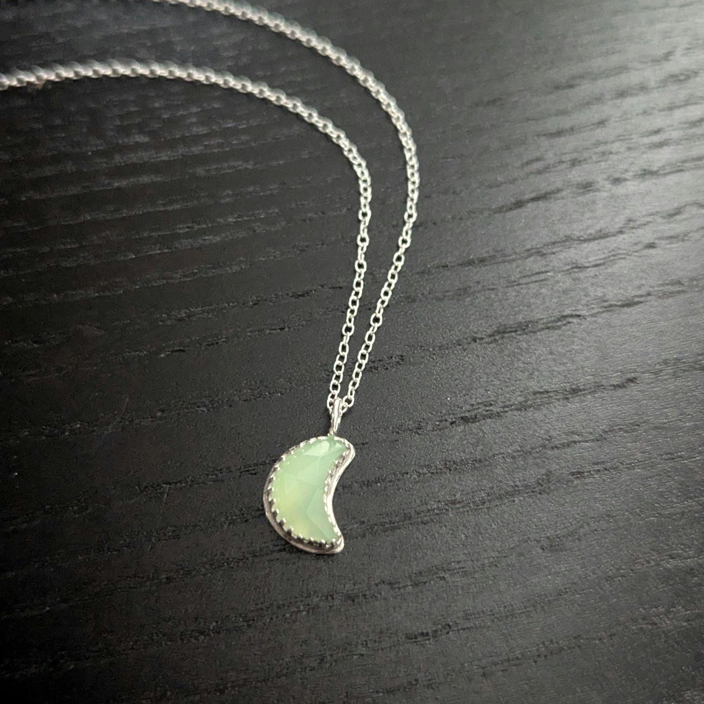 925 Sterling Silver Green Chalcedony Crescent Moon Pendant Necklace | Light Celestial Collection