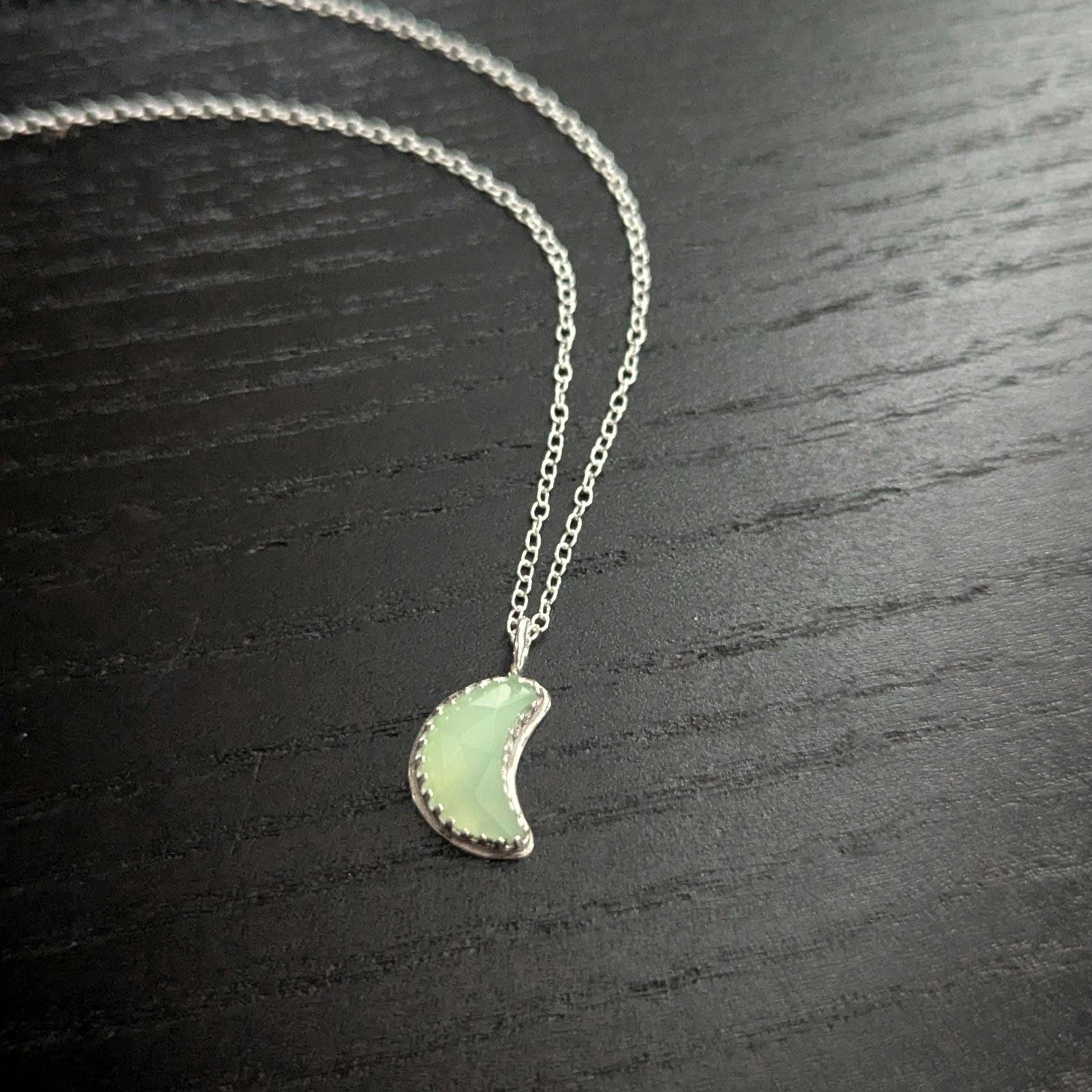 925 Sterling Silver Green Chalcedony Crescent Moon Pendant Necklace | Light Celestial Collection