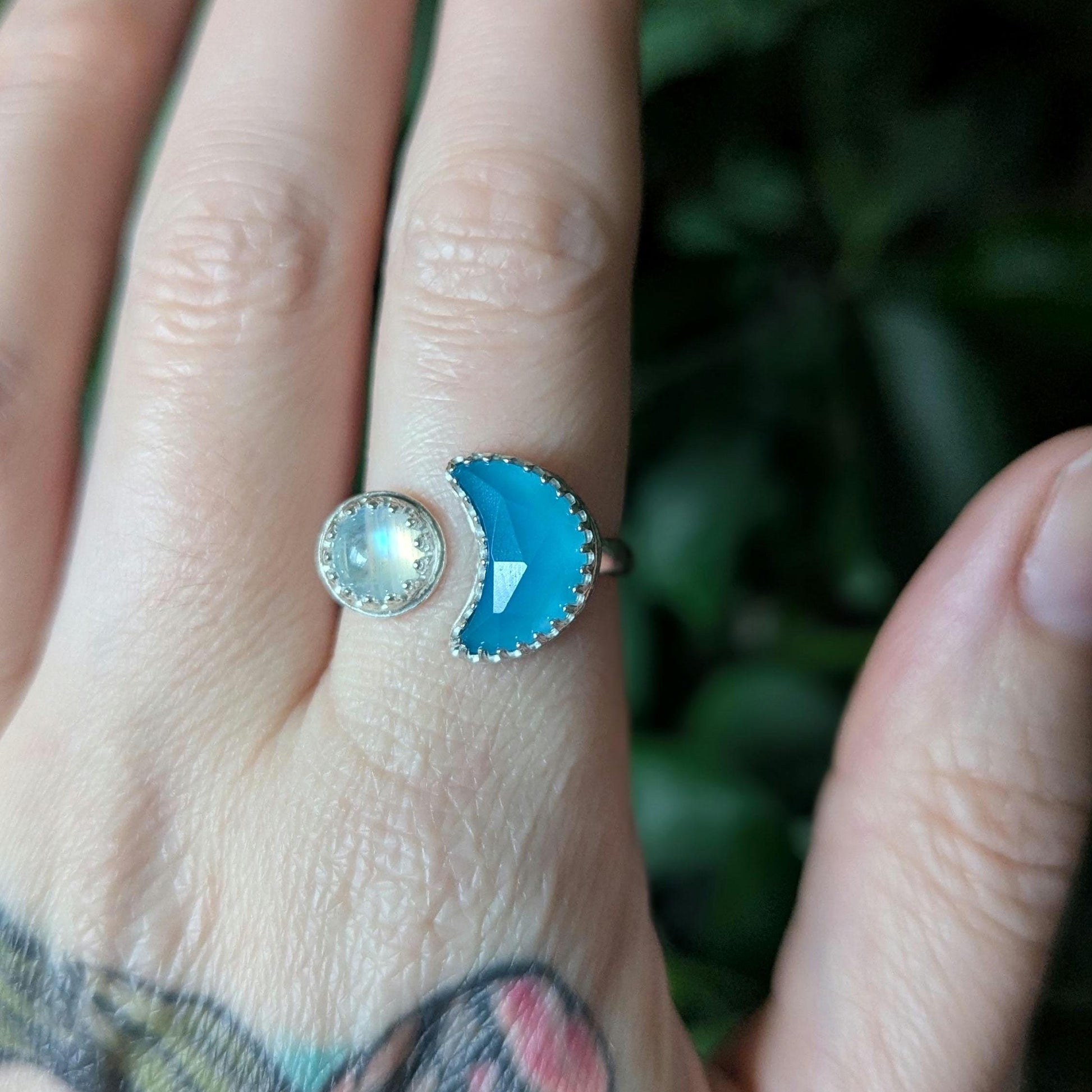 925 Sterling Silver Rainbow Moonstone Blue Chalcedony Crescent Moon Open Adjustable Ring | Size 7 1/2 - 8 | Light Celestial Collection