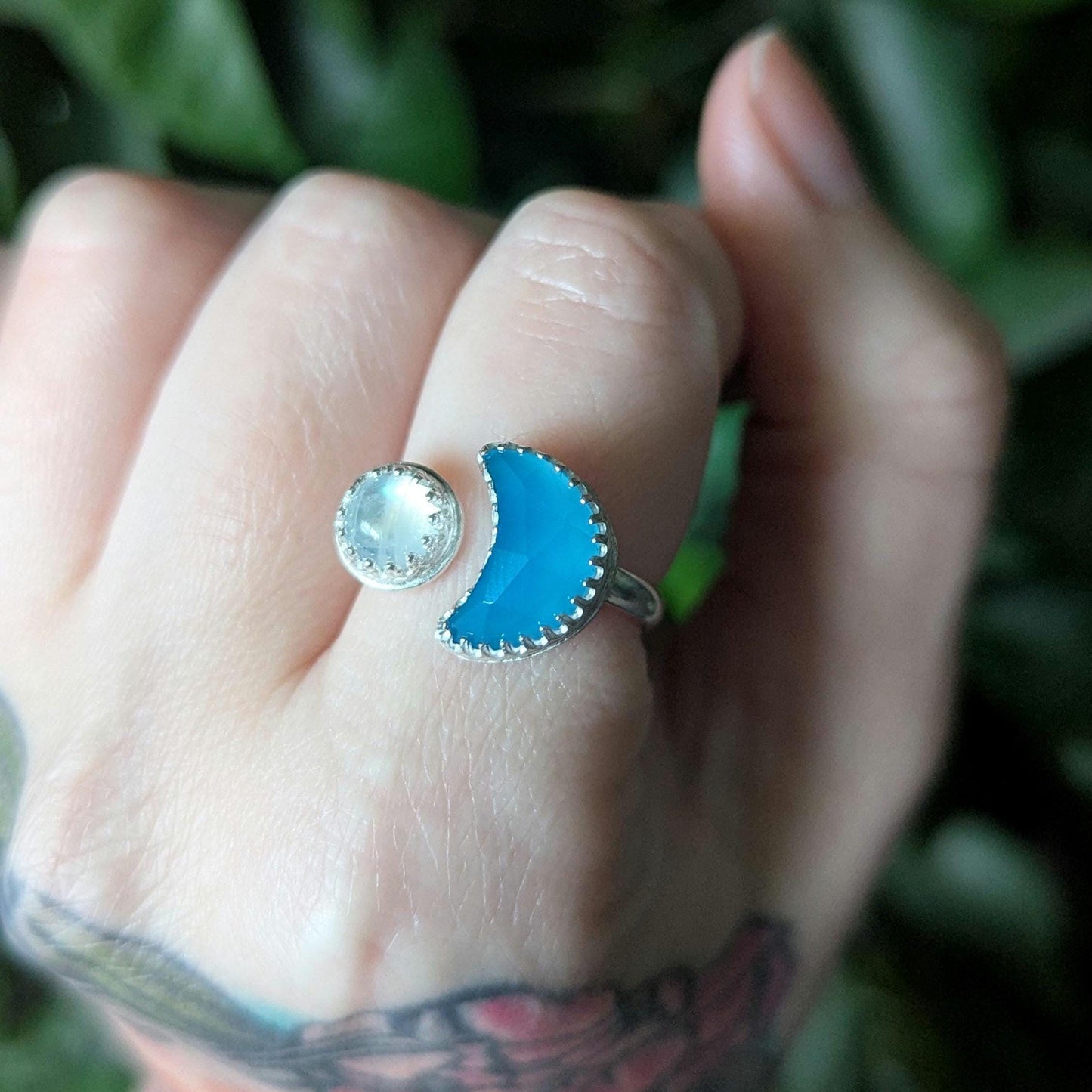 925 Sterling Silver Rainbow Moonstone Blue Chalcedony Crescent Moon Open Adjustable Ring | Size 7 1/2 - 8 | Light Celestial Collection