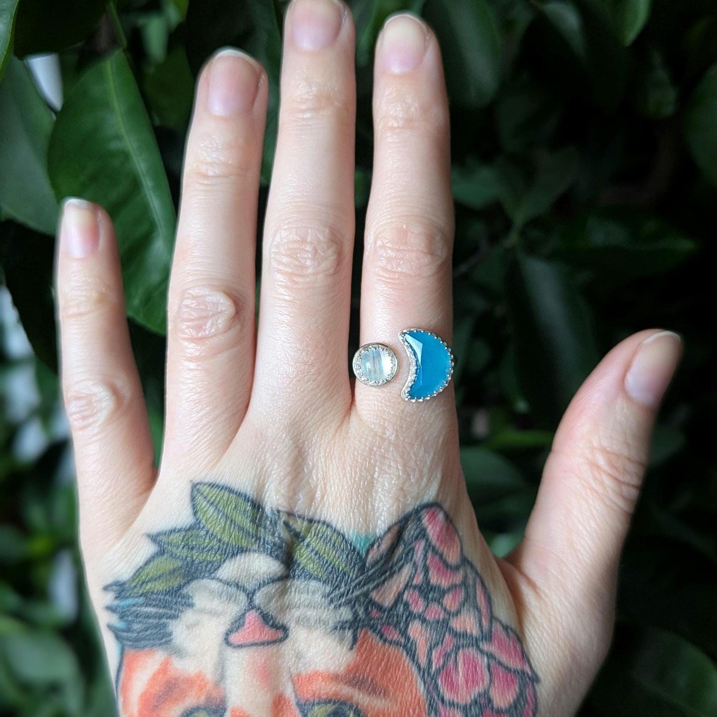 925 Sterling Silver Rainbow Moonstone Blue Chalcedony Crescent Moon Open Adjustable Ring | Size 7 1/2 - 8 | Light Celestial Collection