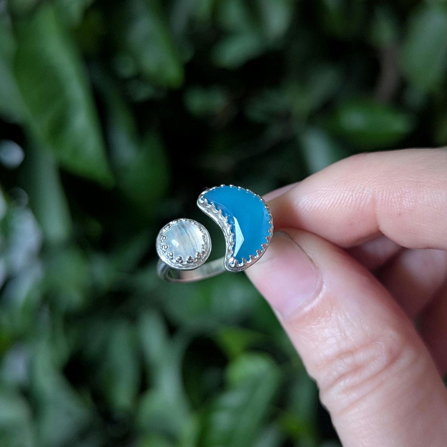 925 Sterling Silver Rainbow Moonstone Blue Chalcedony Crescent Moon Open Adjustable Ring | Size 7 1/2 - 8 | Light Celestial Collection