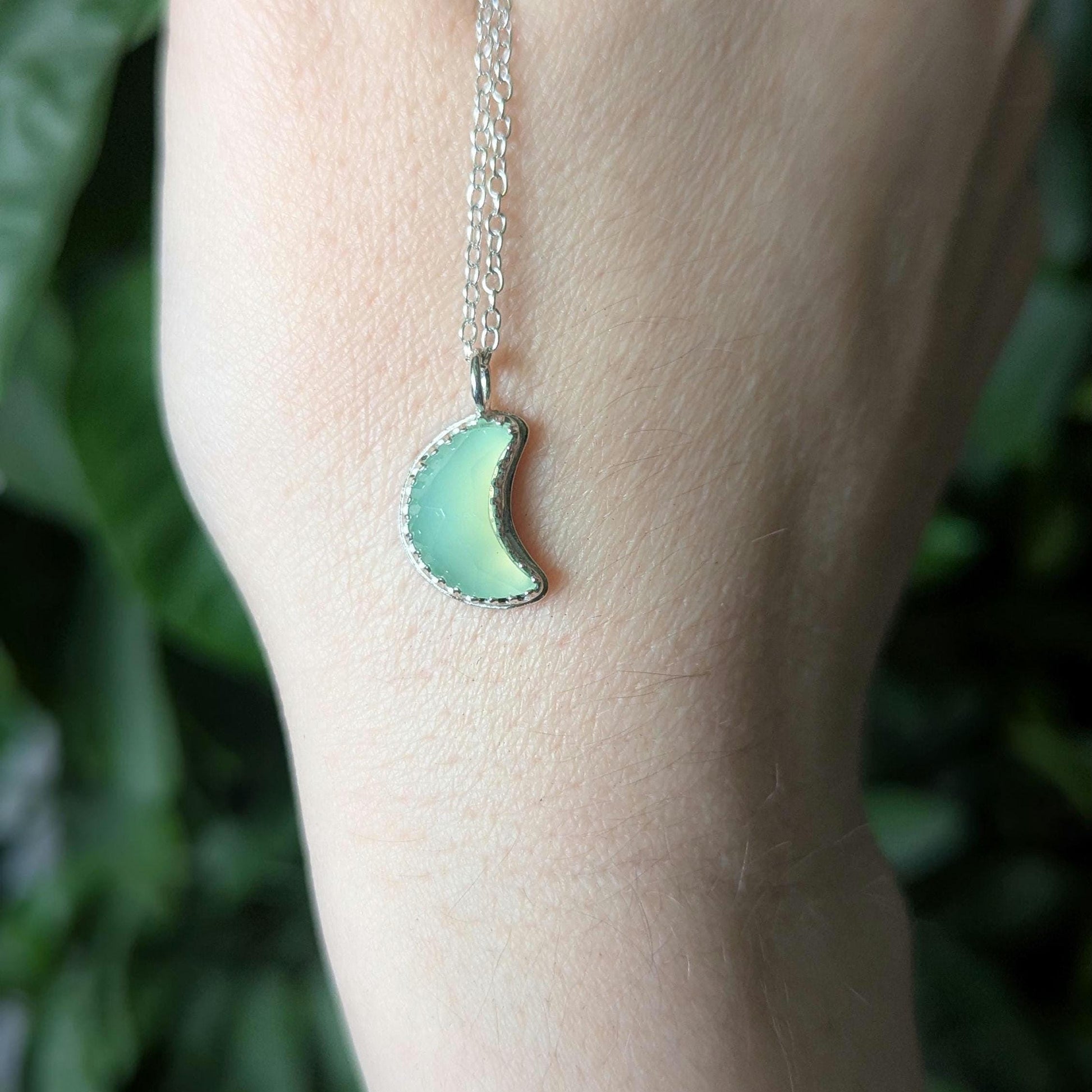 925 Sterling Silver Green Chalcedony Crescent Moon Pendant Necklace | Light Celestial Collection