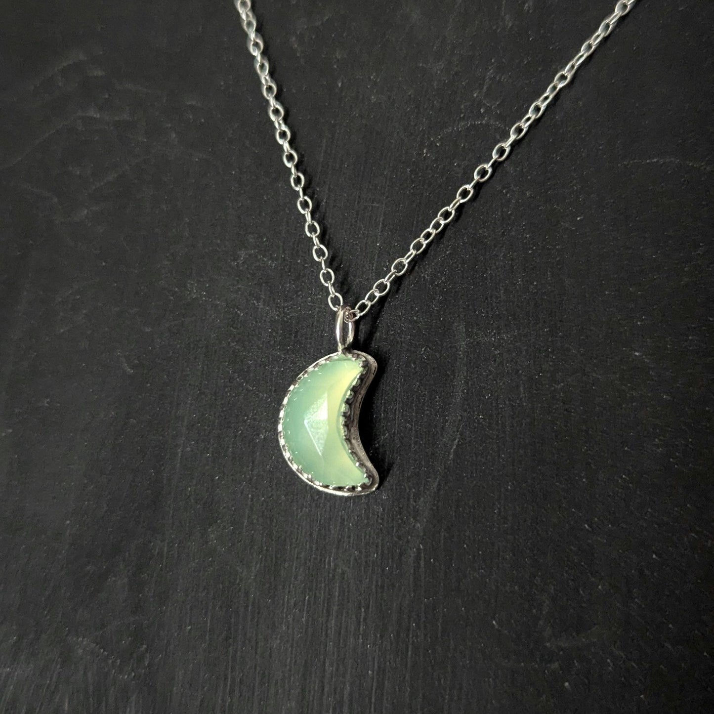 925 Sterling Silver Green Chalcedony Crescent Moon Pendant Necklace | Light Celestial Collection
