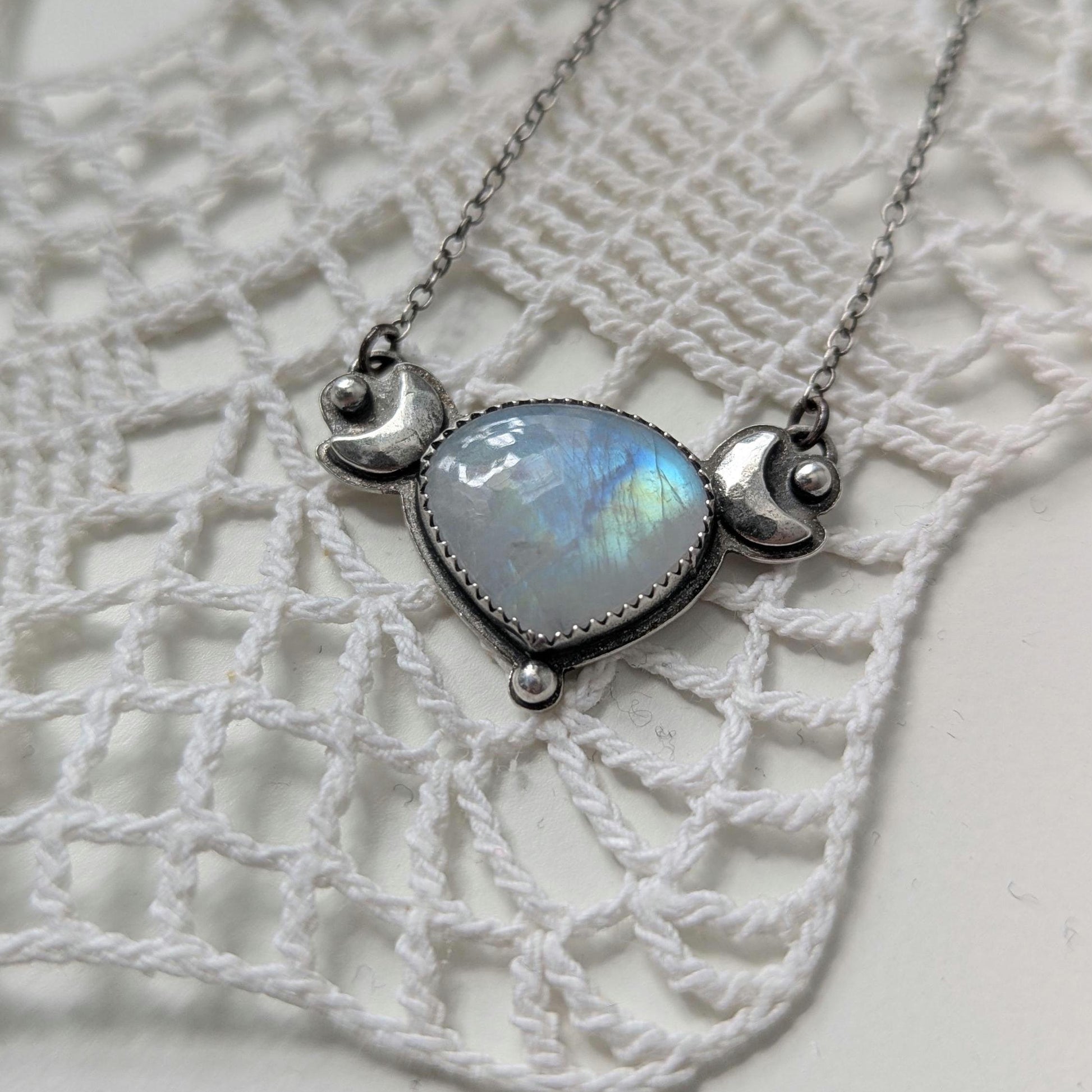 925 Sterling Silver Rainbow Moonstone Dainty Celestial Pendant Necklace | Moon Phase Necklace | 16"
