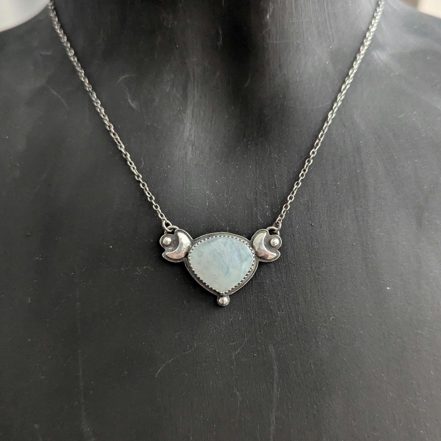 925 Sterling Silver Rainbow Moonstone Dainty Celestial Pendant Necklace | Moon Phase Necklace | 16"