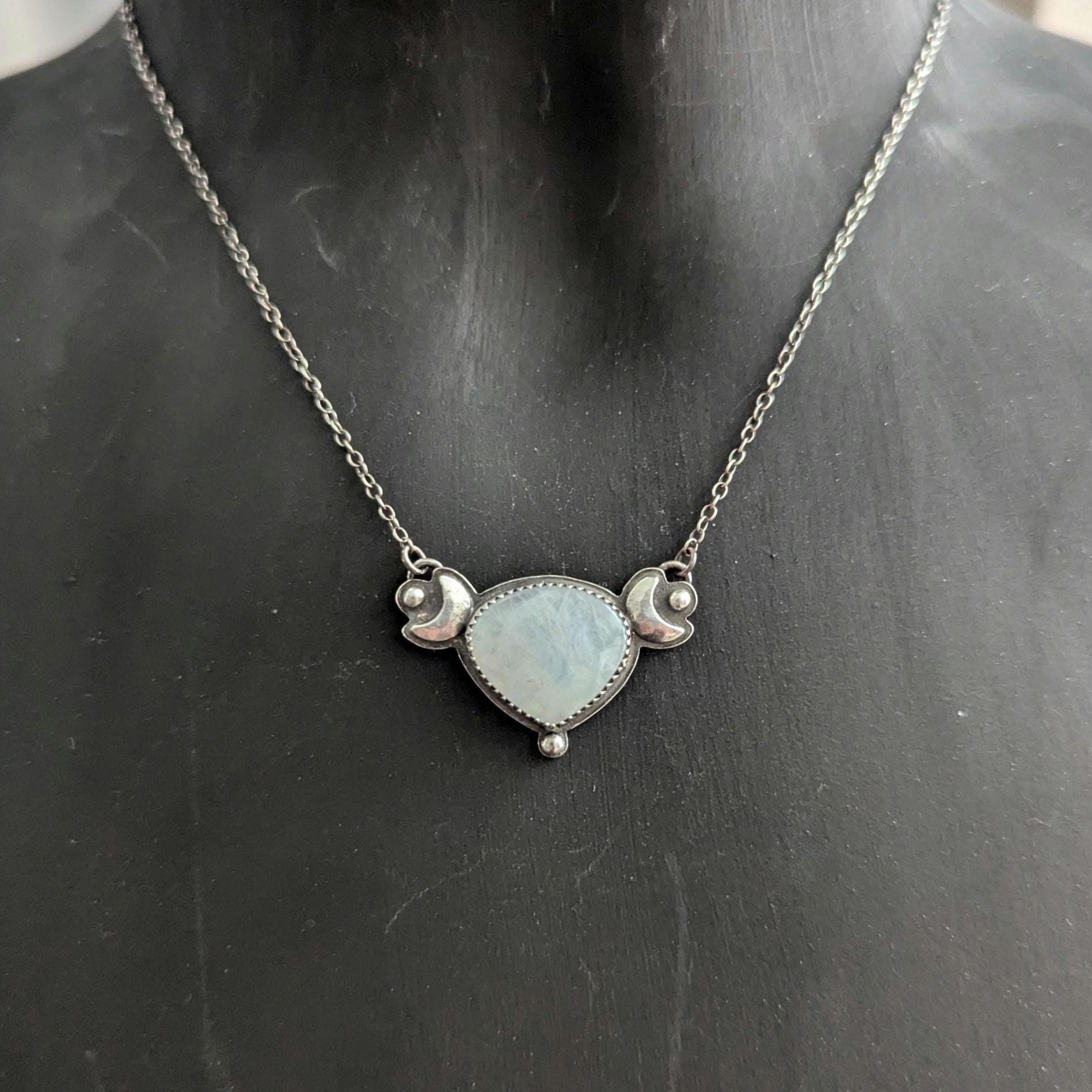 925 Sterling Silver Rainbow Moonstone Dainty Celestial Pendant Necklace | Moon Phase Necklace | 16"