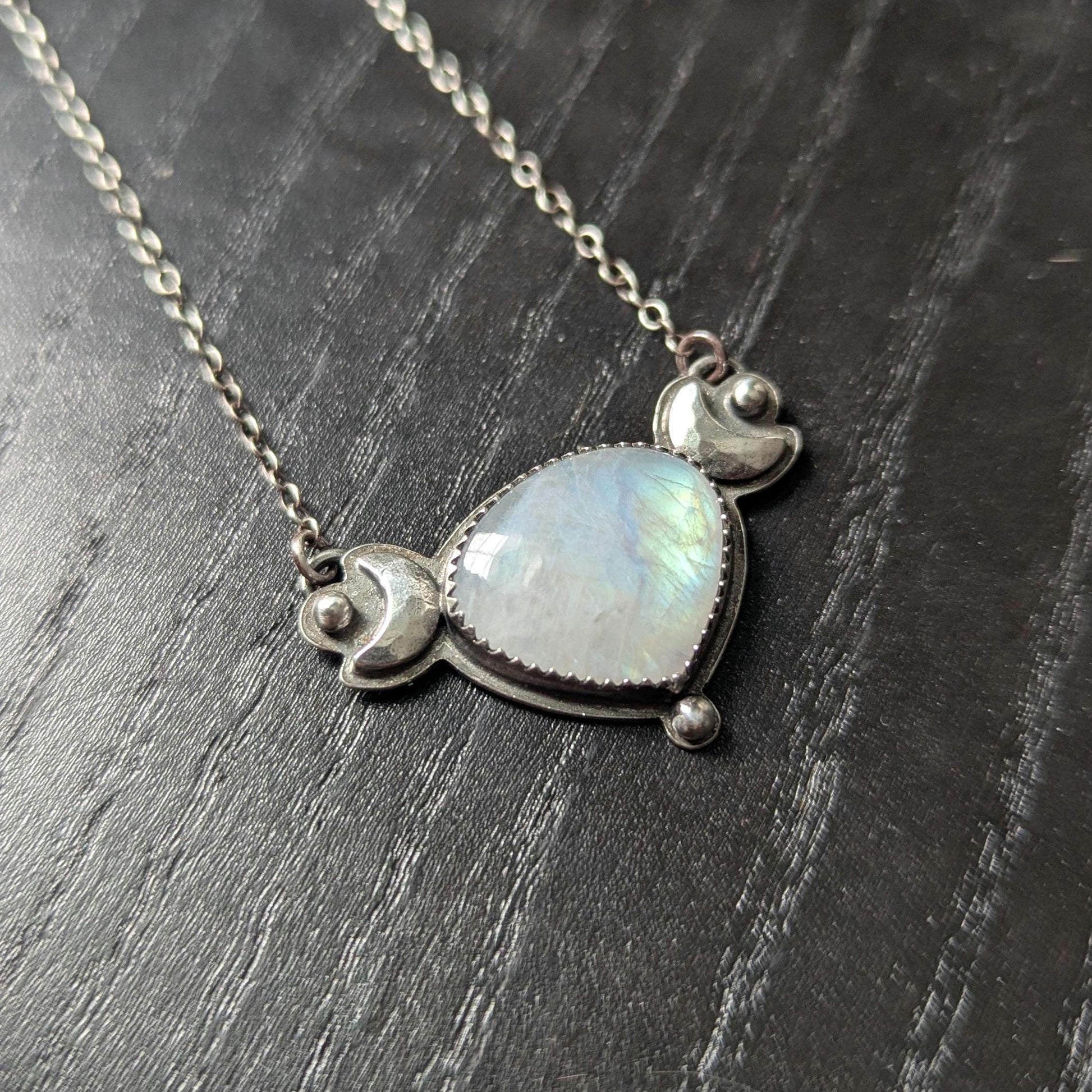925 Sterling Silver Rainbow Moonstone Dainty Celestial Pendant Necklace | Moon Phase Necklace | 16"