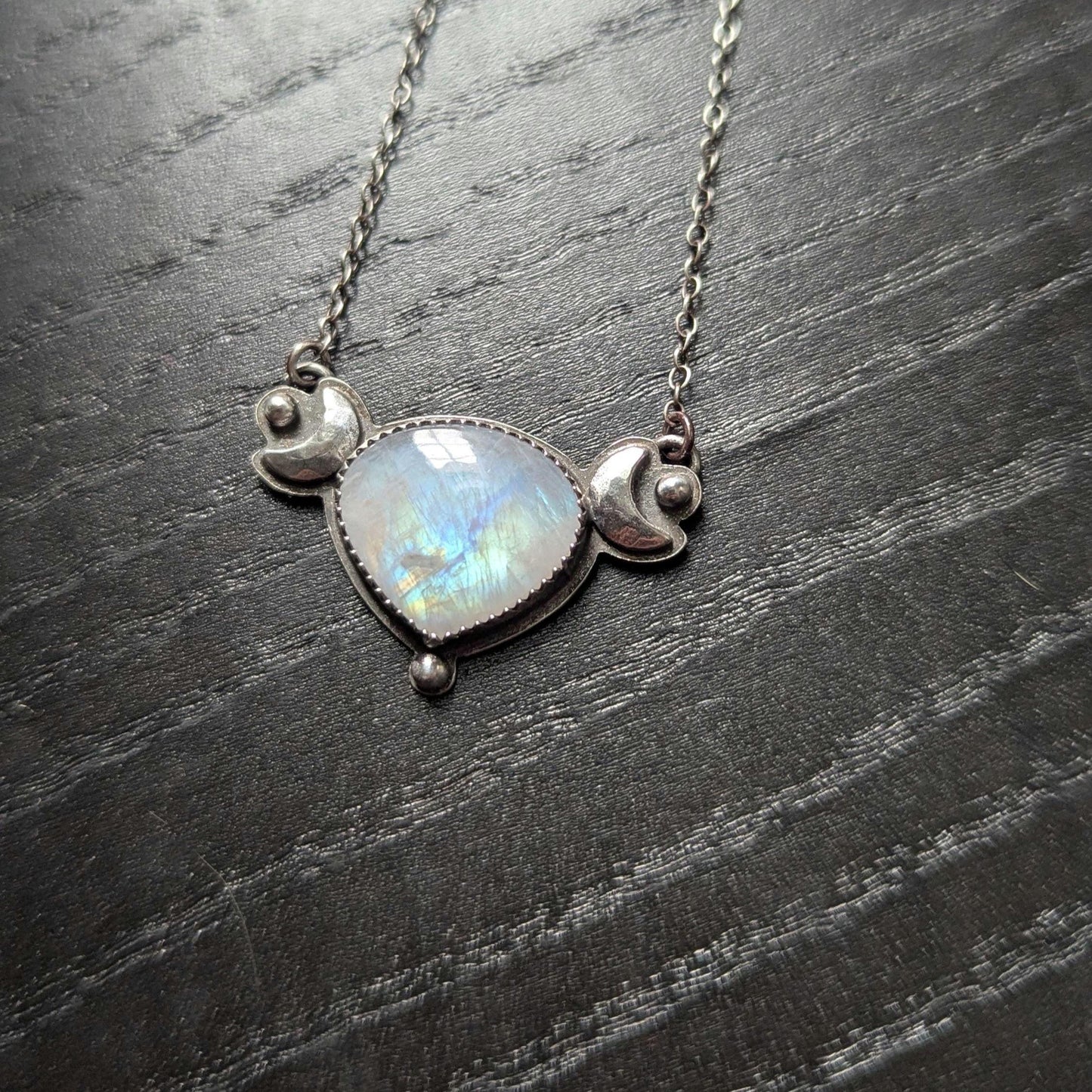 925 Sterling Silver Rainbow Moonstone Dainty Celestial Pendant Necklace | Moon Phase Necklace | 16"