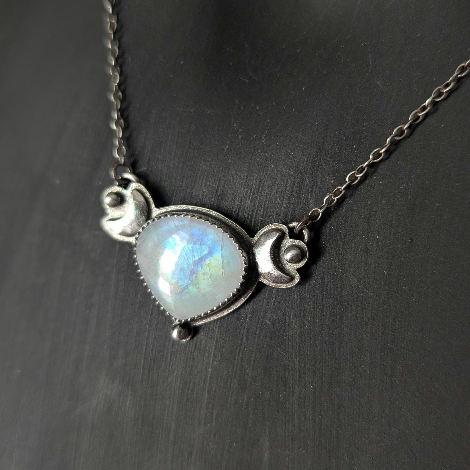 925 Sterling Silver Rainbow Moonstone Dainty Celestial Pendant Necklace | Moon Phase Necklace | 16"