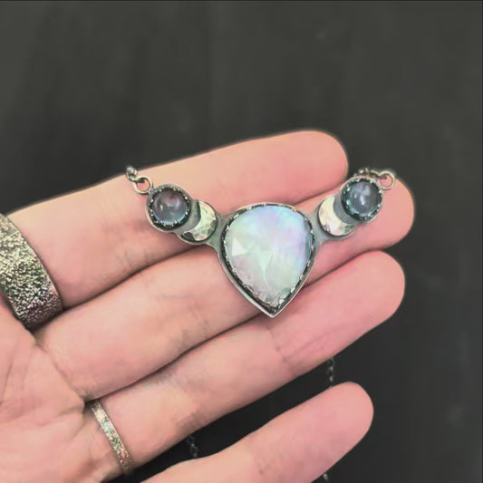 Sterling Silver Celestial Moonstone Aquamarine Moon Phase Necklace