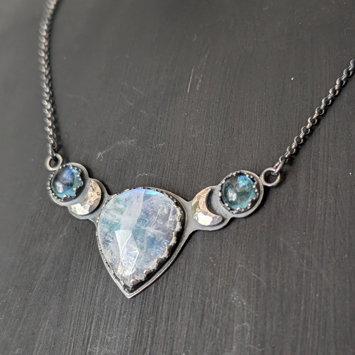 Sterling Silver Celestial Moonstone Aquamarine Moon Phase Necklace