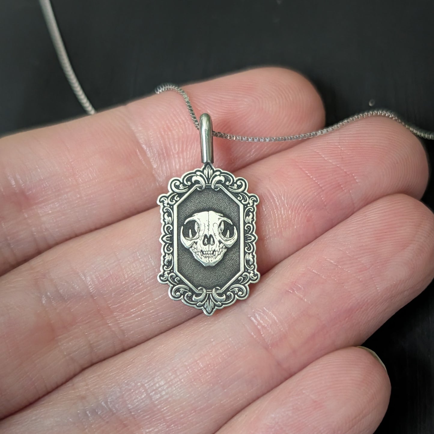 Sterling Silver Gothic Skull Cat Pendant Necklace - Custom Engraving
