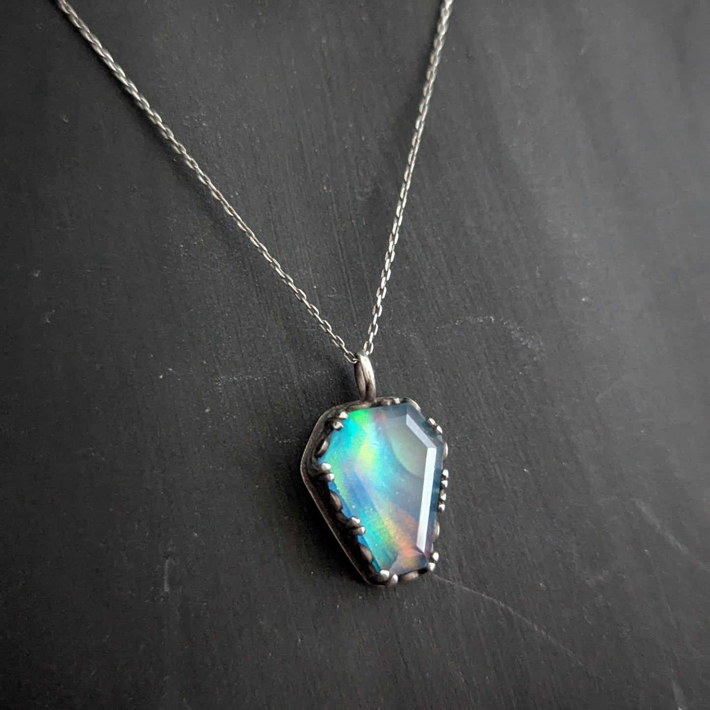 Sterling Silver Aurora Opal Coffin Pendant Necklace 18"