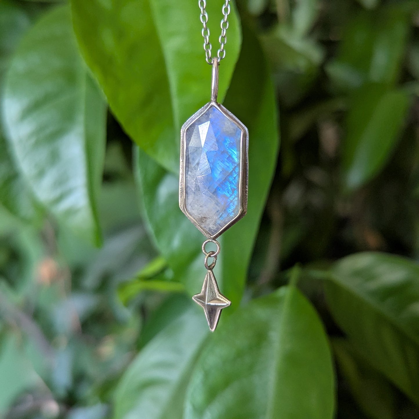 925 Sterling Silver Rainbow Moonstone Celestial Star Dainty Pendant Necklace | 18"