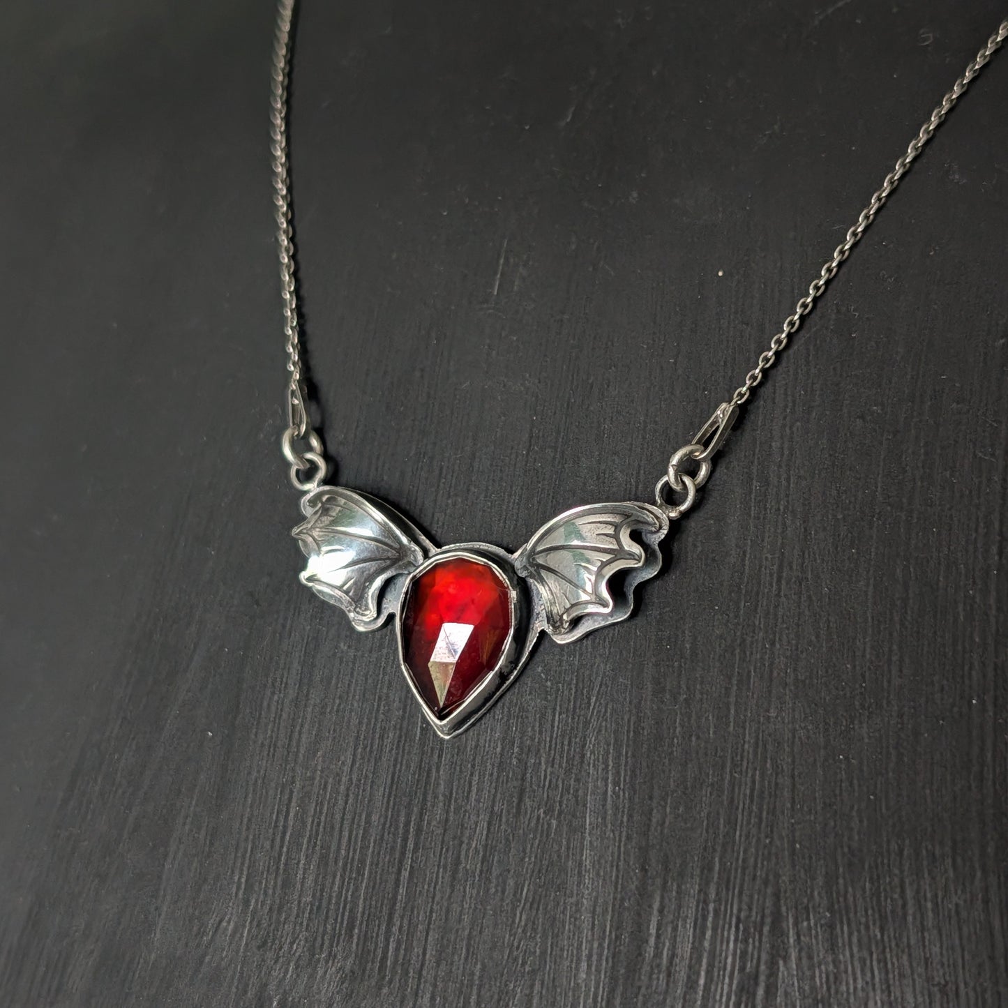 Sterling Silver Hessonite Garnet Bat Wing Necklace