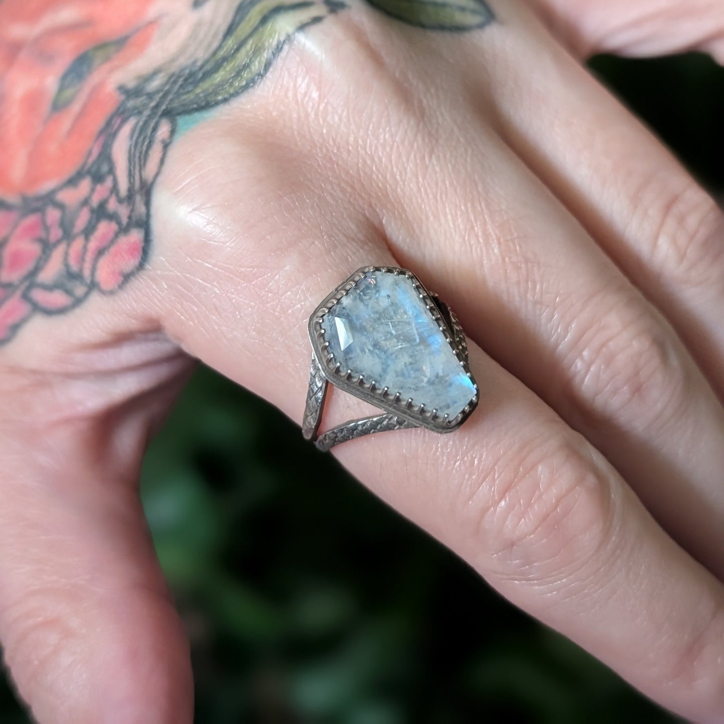 Sterling Silver Rainbow Moonstone Coffin Ring US/CA Size 8