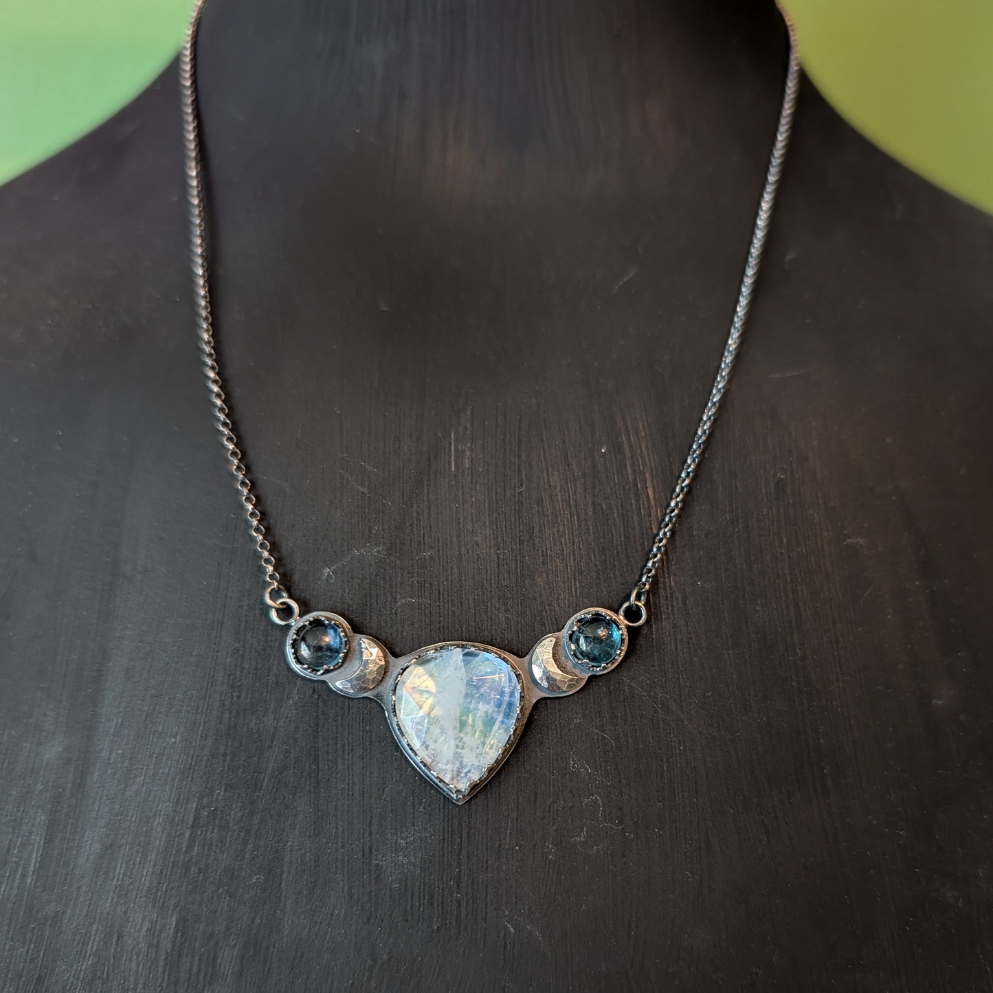 Sterling Silver Celestial Moonstone Aquamarine Moon Phase Necklace