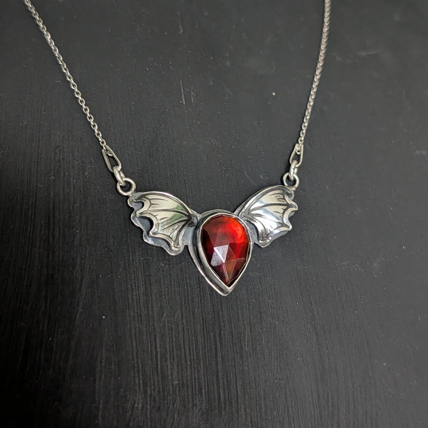 Sterling Silver Hessonite Garnet Bat Wing Necklace