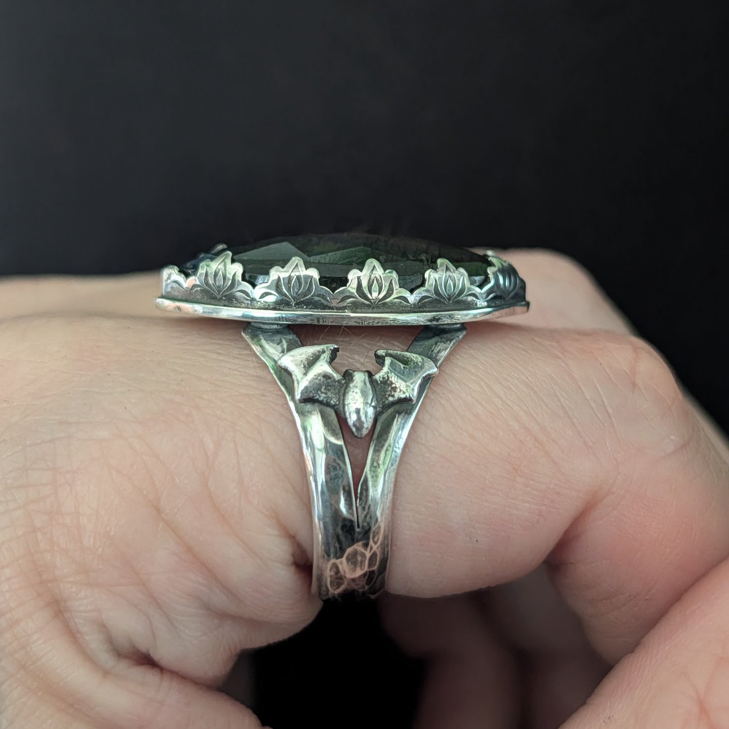 Sterling Silver Gothic Labradorite Spectrolite Bat Ring | Size 9