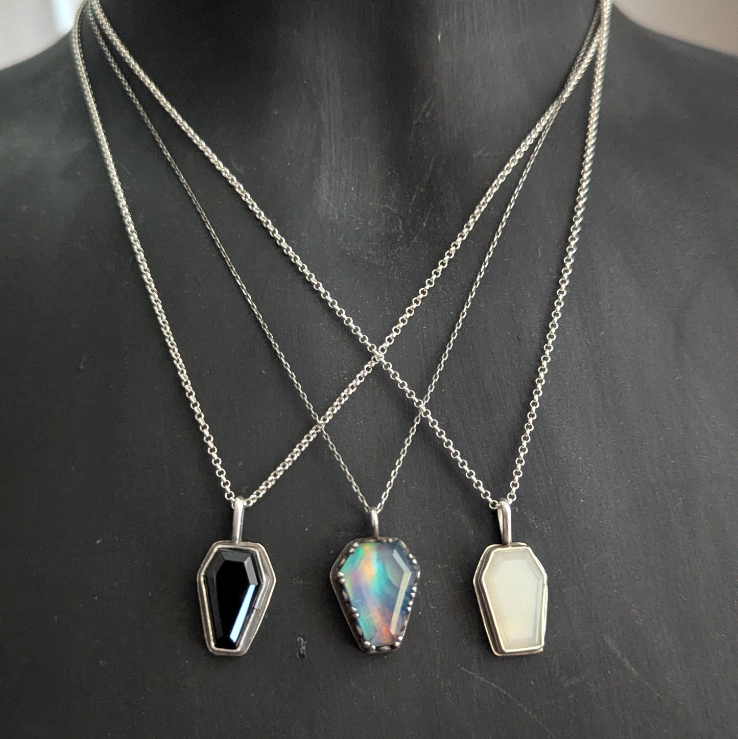 Sterling Silver Aurora Opal Coffin Pendant Necklace 18"