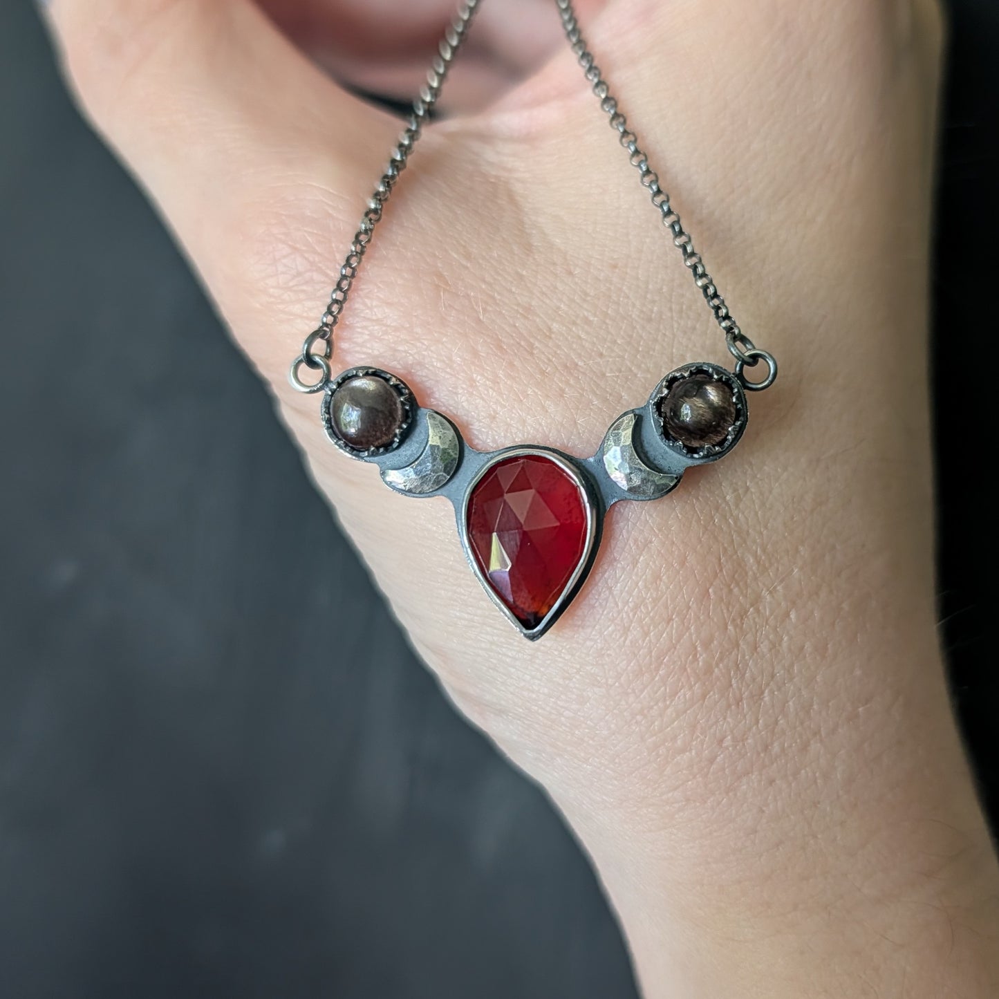 Sterling Silver Celestial Hessonite Garnet and Black Fire Moonstone Moon Phase Necklace