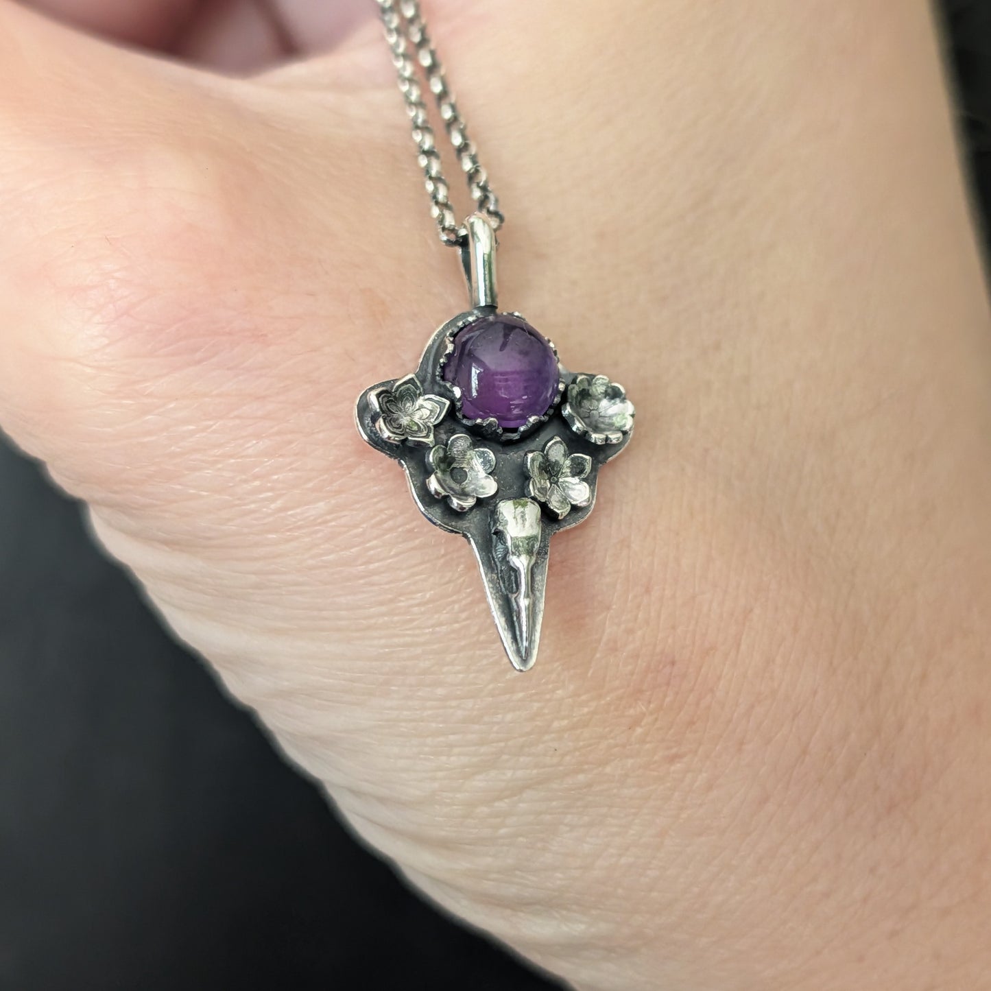 Sterling Silver Raven Amethyst Floral Pendant Necklace