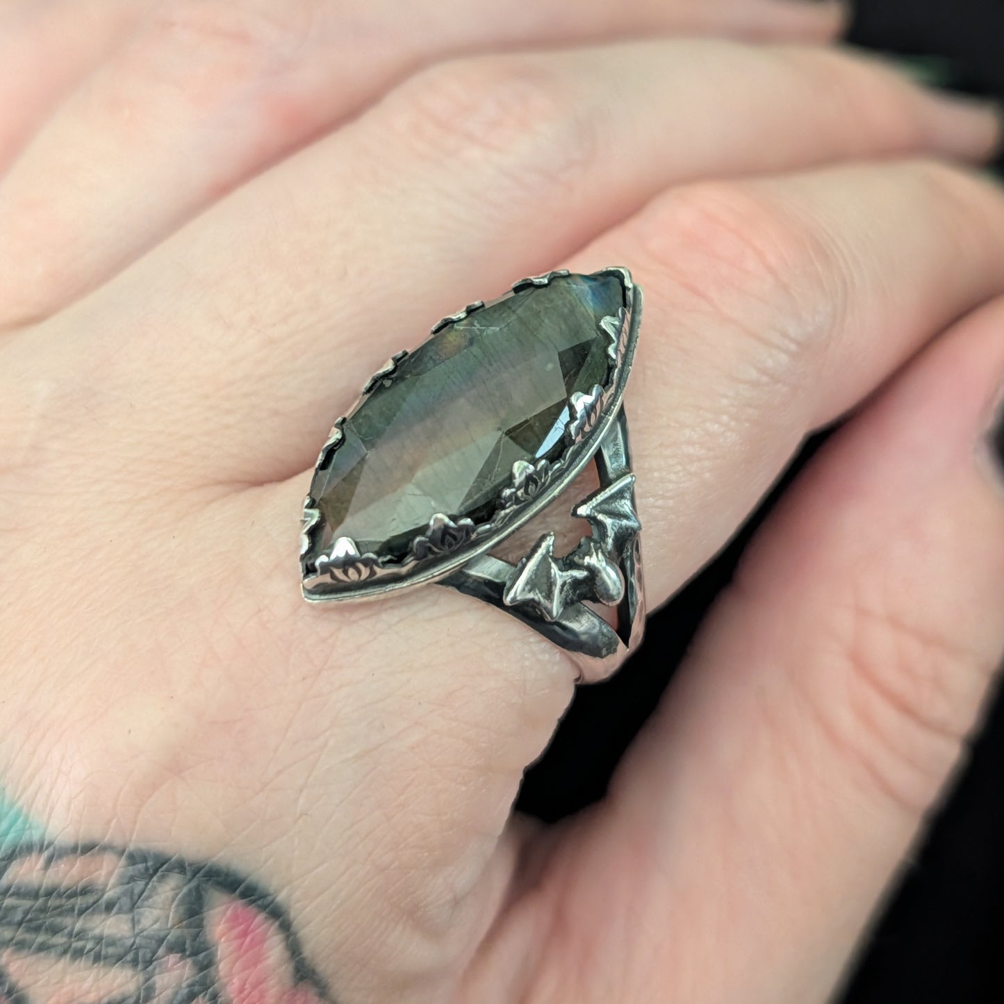 Sterling Silver Gothic Labradorite Spectrolite Bat Ring | Size 9