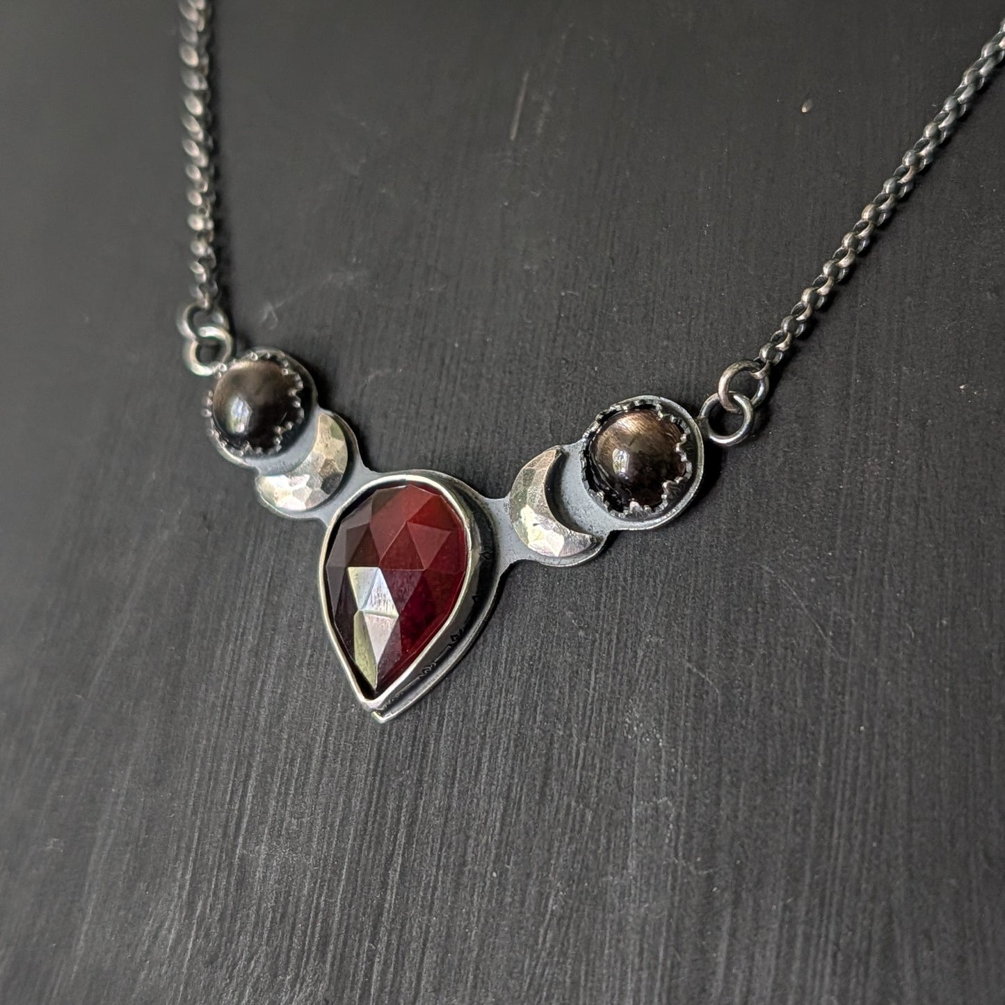 Sterling Silver Celestial Hessonite Garnet and Black Fire Moonstone Moon Phase Necklace