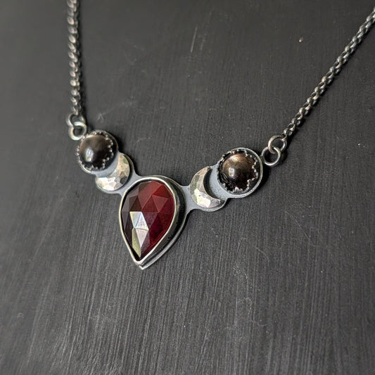 Sterling Silver Celestial Hessonite Garnet and Black Fire Moonstone Moon Phase Necklace