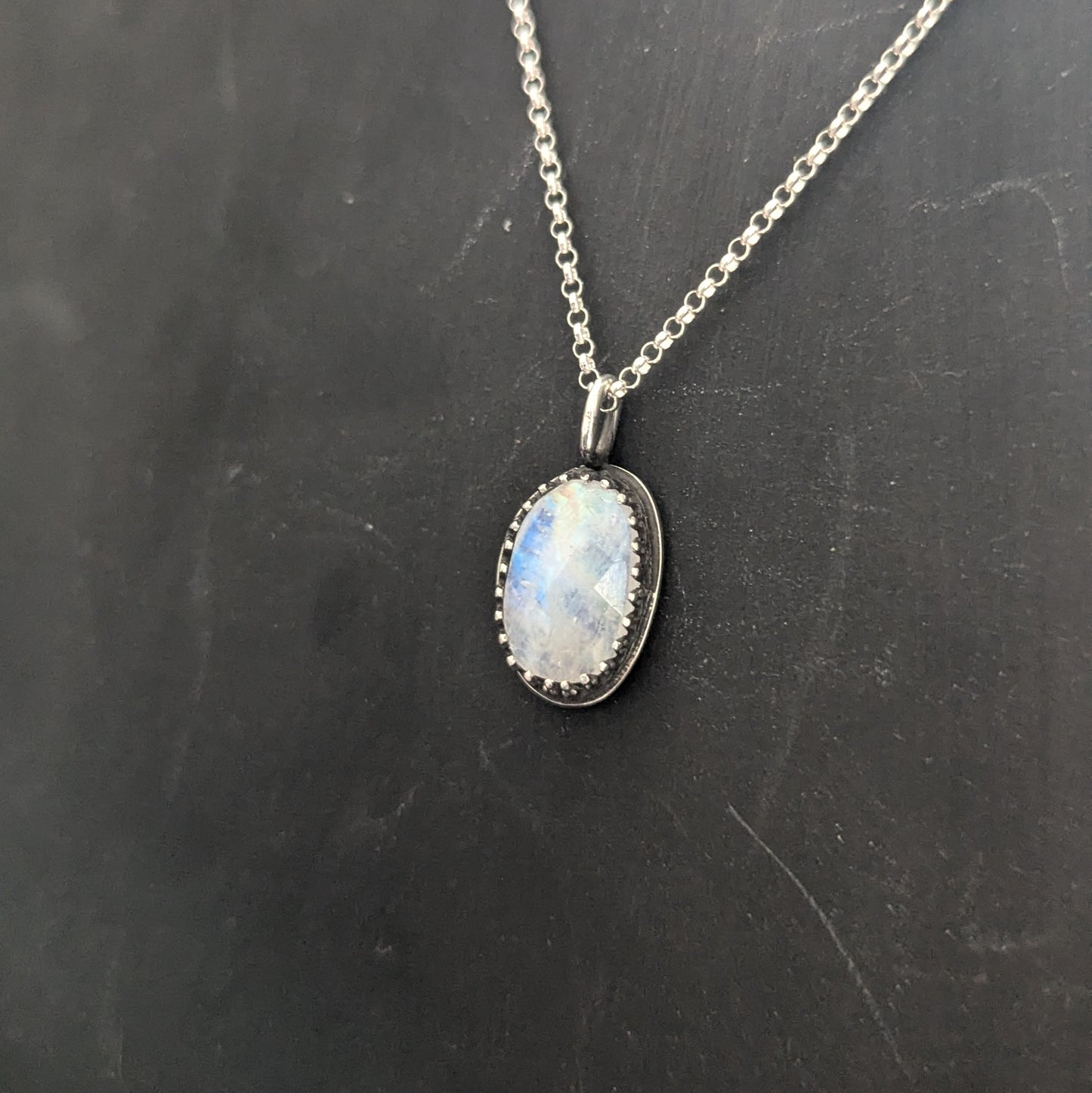 925 Sterling Silver Rainbow Moonstone Pendant Necklace 18"