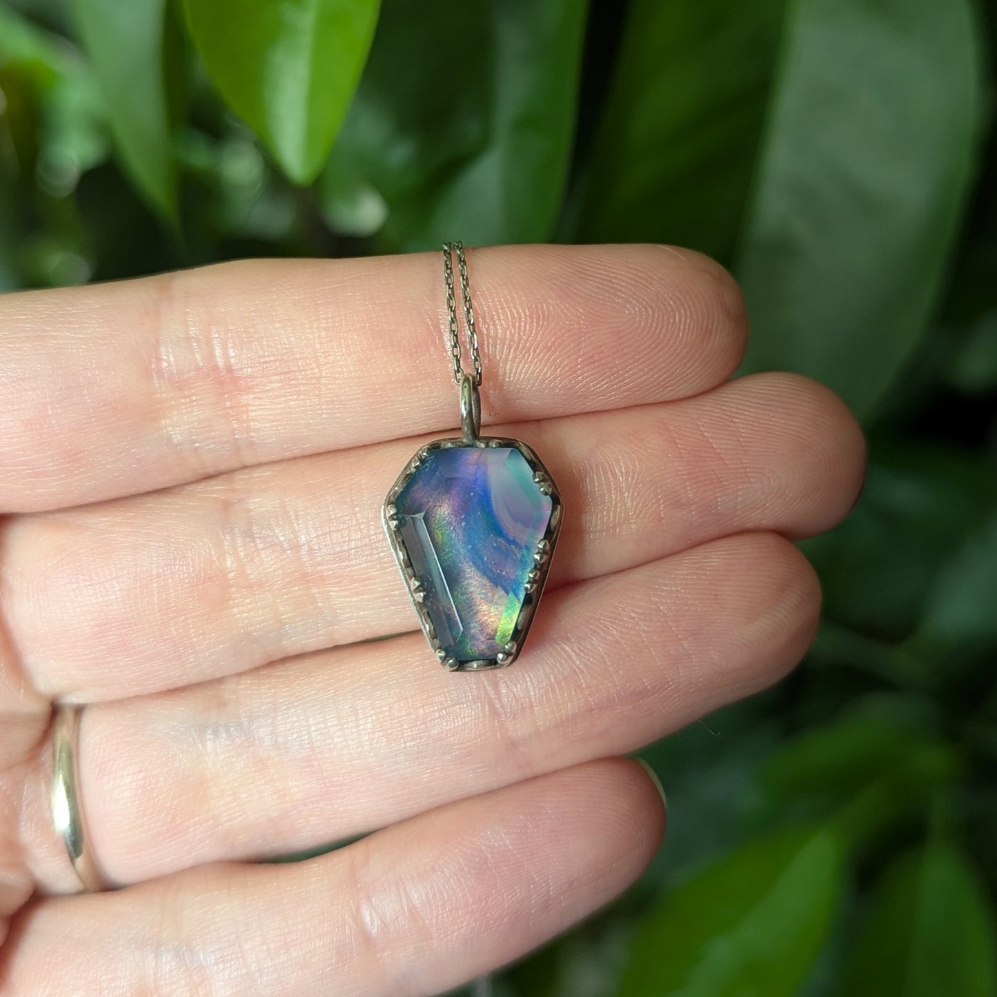Sterling Silver Aurora Opal Coffin Pendant Necklace 18"
