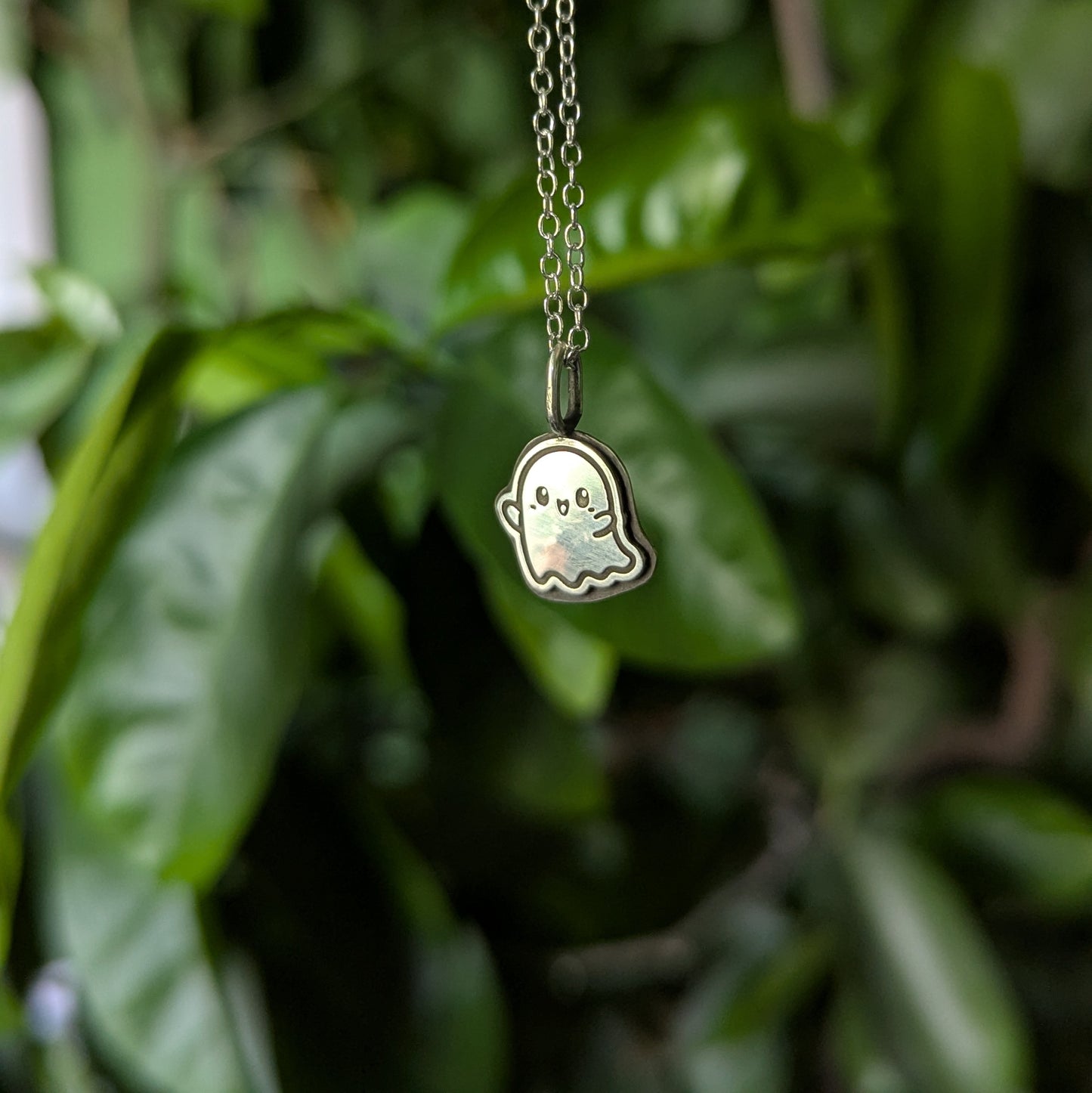 925 Sterling Silver Cute Ghost Pendant Necklace 18"