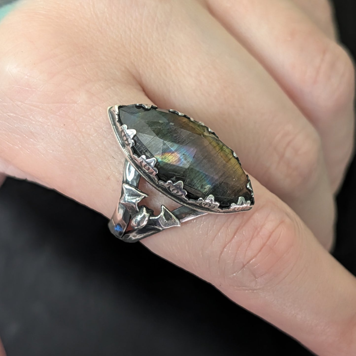 Sterling Silver Gothic Labradorite Spectrolite Bat Ring | Size 9