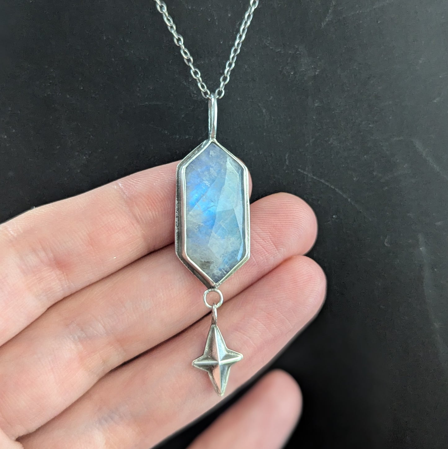 925 Sterling Silver Rainbow Moonstone Celestial Star Dainty Pendant Necklace | 18"