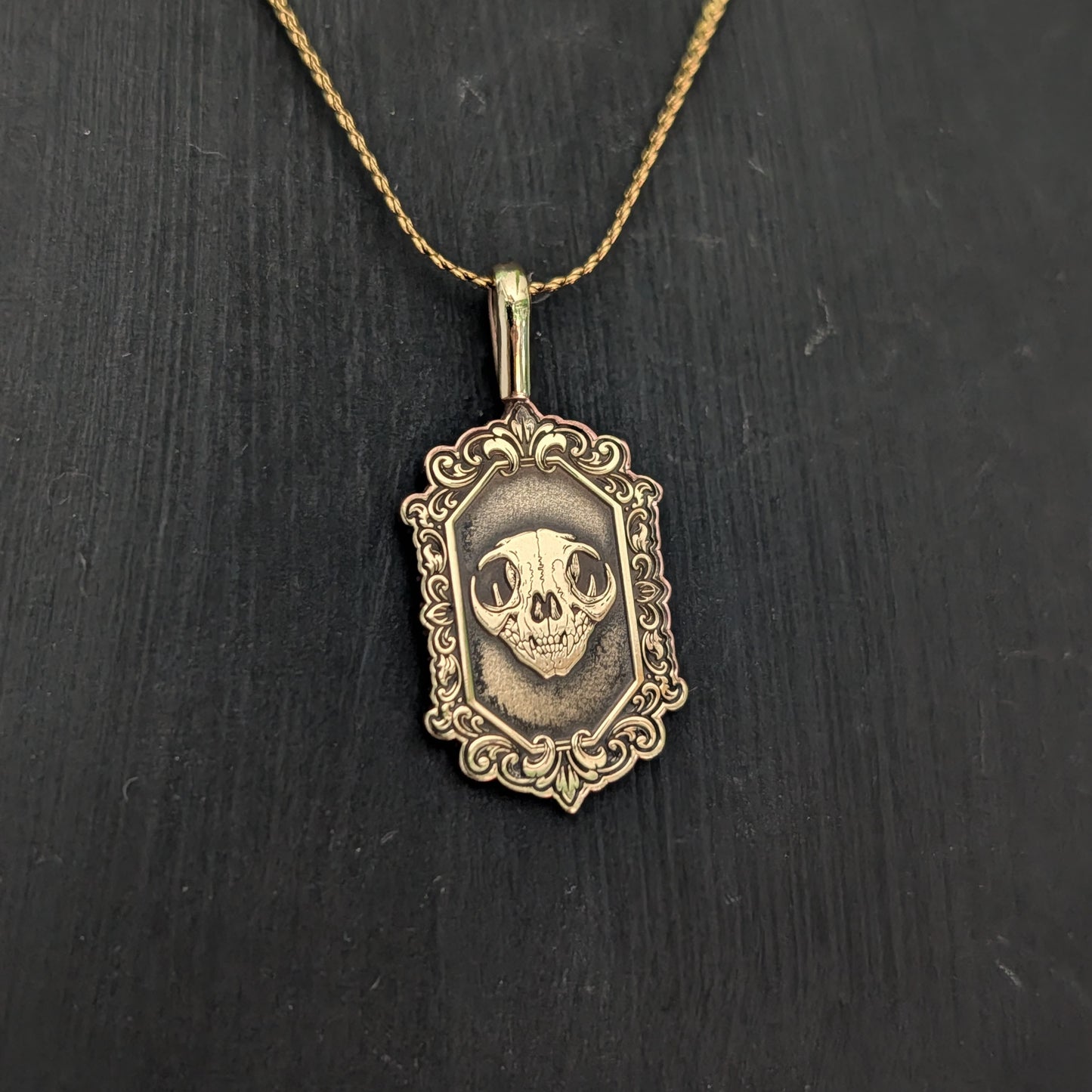 Sterling Silver Gothic Skull Cat Pendant Necklace - Custom Engraving