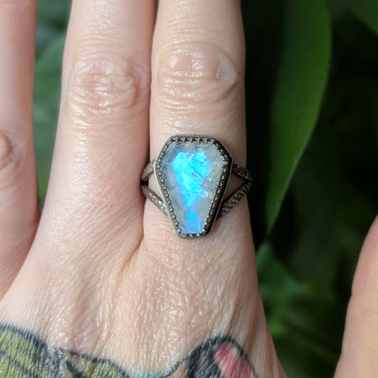 Sterling Silver Rainbow Moonstone Coffin Ring US/CA Size 8
