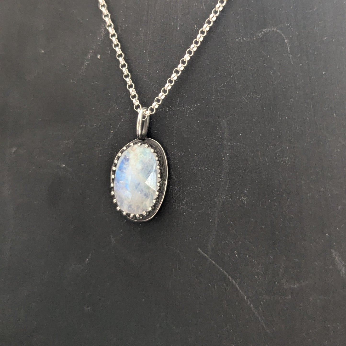 925 Sterling Silver Rainbow Moonstone Pendant Necklace 18"