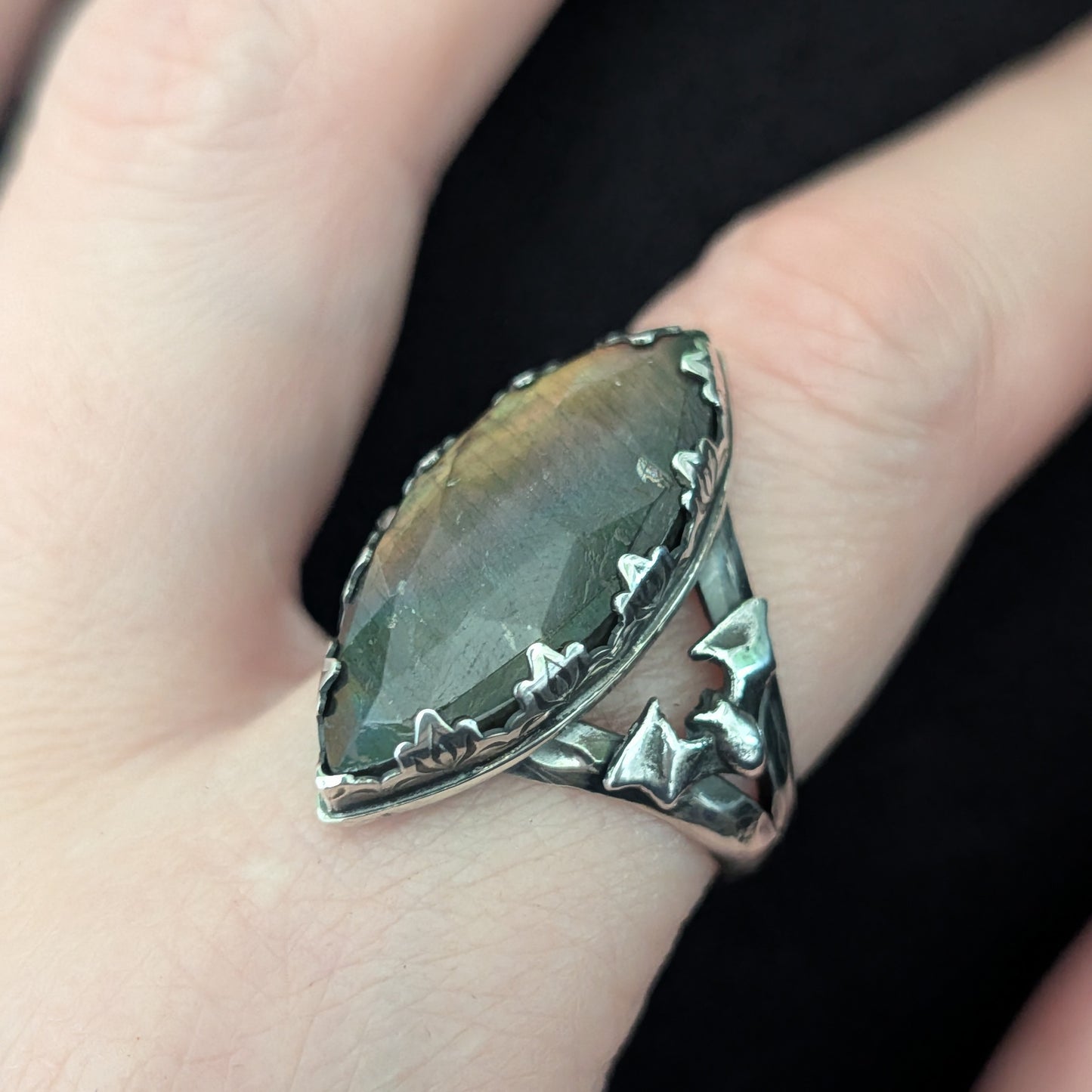 Sterling Silver Gothic Labradorite Spectrolite Bat Ring | Size 9