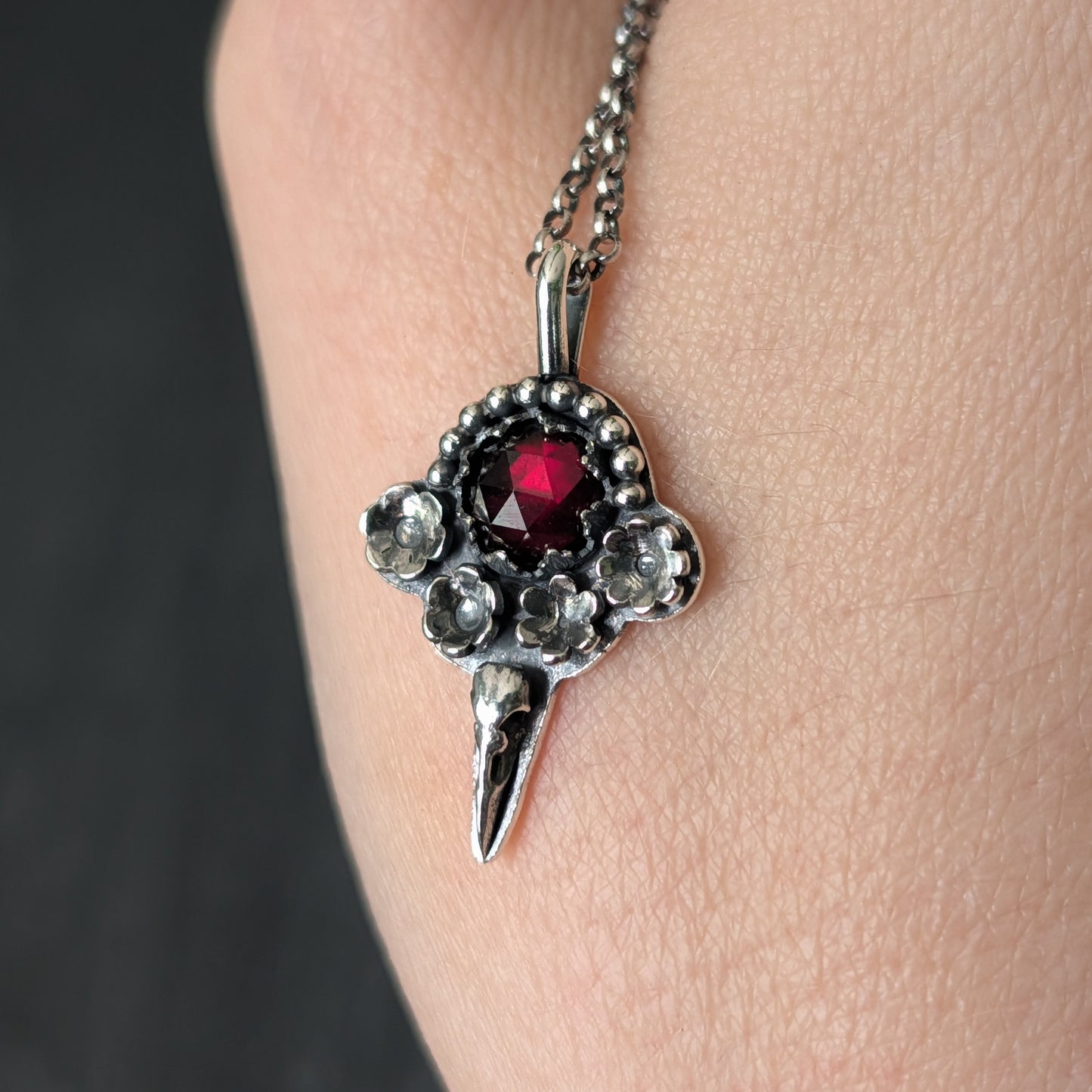 Sterling Silver Raven Rhodolite Garnet Floral Pendant Necklace