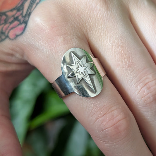 Sterling Silver Celestial Star Wide Band Saddle Ring