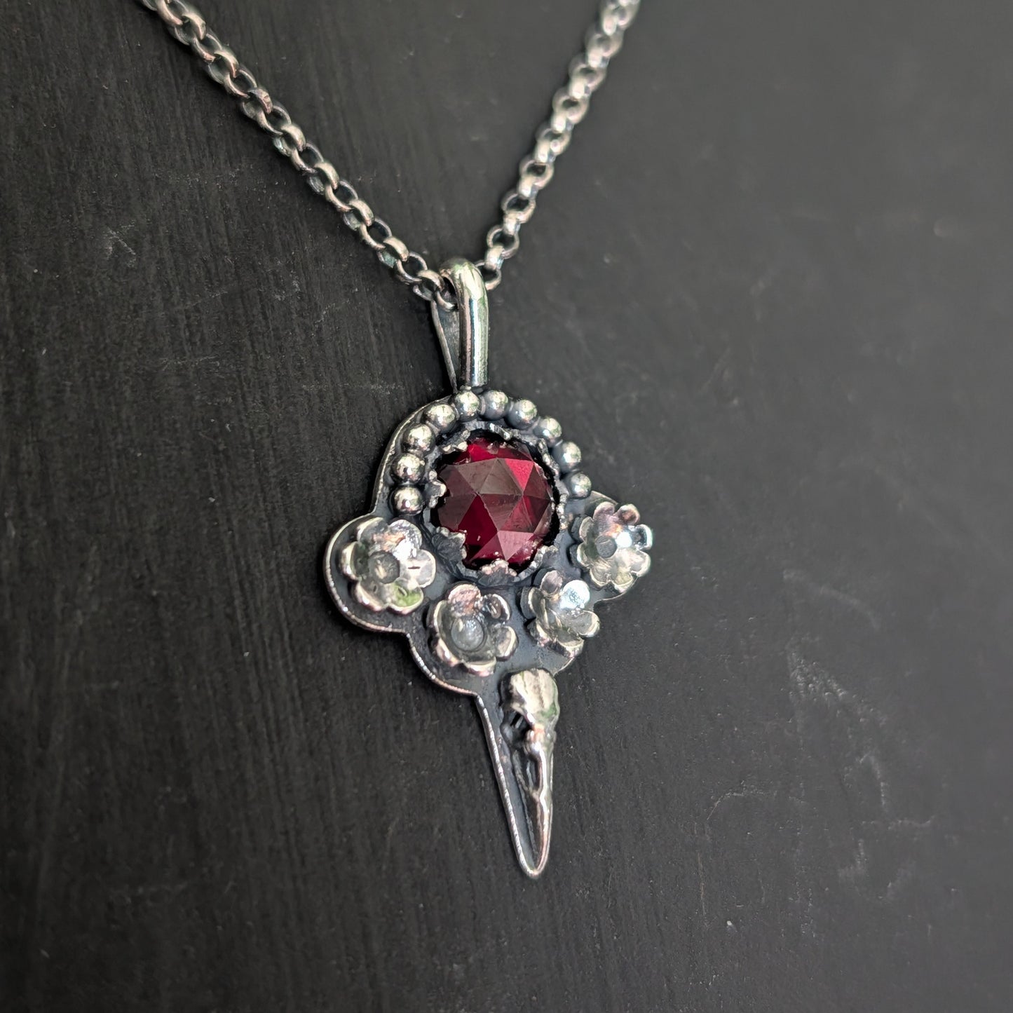 Sterling Silver Raven Rhodolite Garnet Floral Pendant Necklace