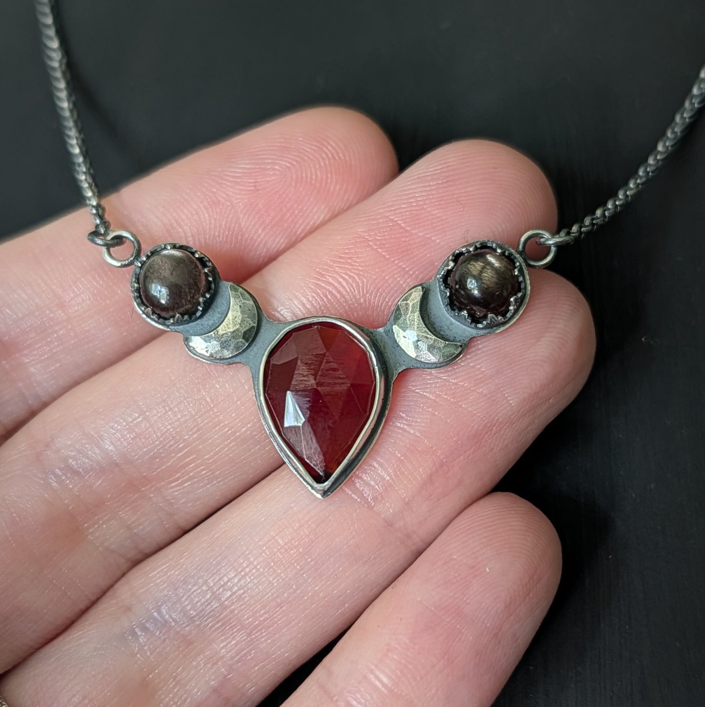 Sterling Silver Celestial Hessonite Garnet and Black Fire Moonstone Moon Phase Necklace