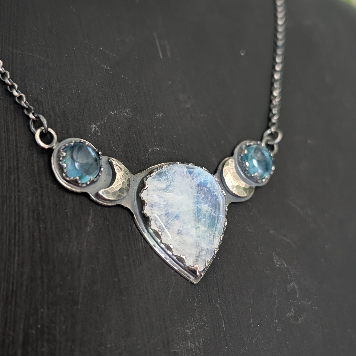 Sterling Silver Celestial Moonstone Aquamarine Moon Phase Necklace